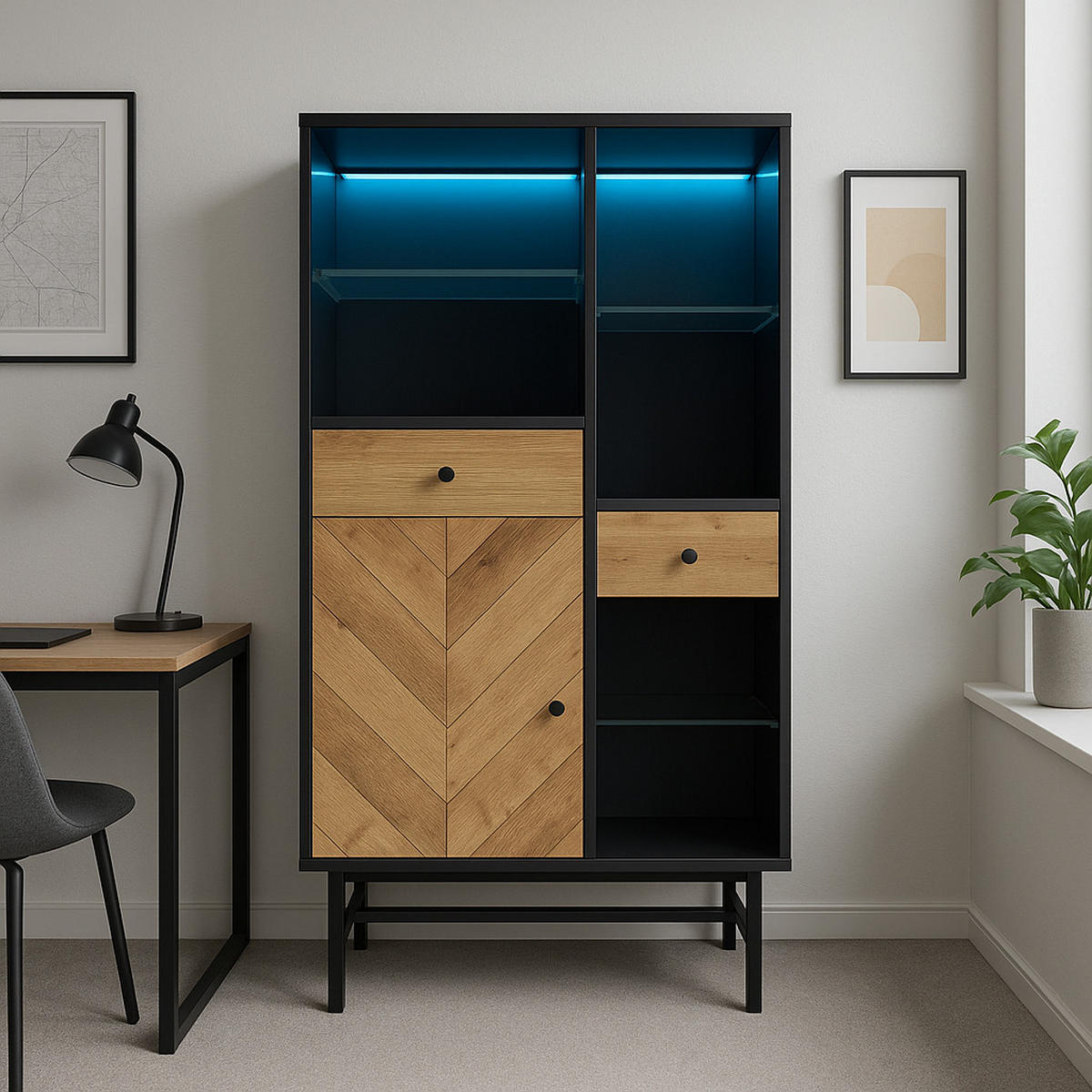 HIGHBOARD mit LED-Beleuchtung und Regalen, 80/40/150.5cm - Schwarz, Glas/Holzwerkstoff (80/150.5/40cm) - Urban Meuble