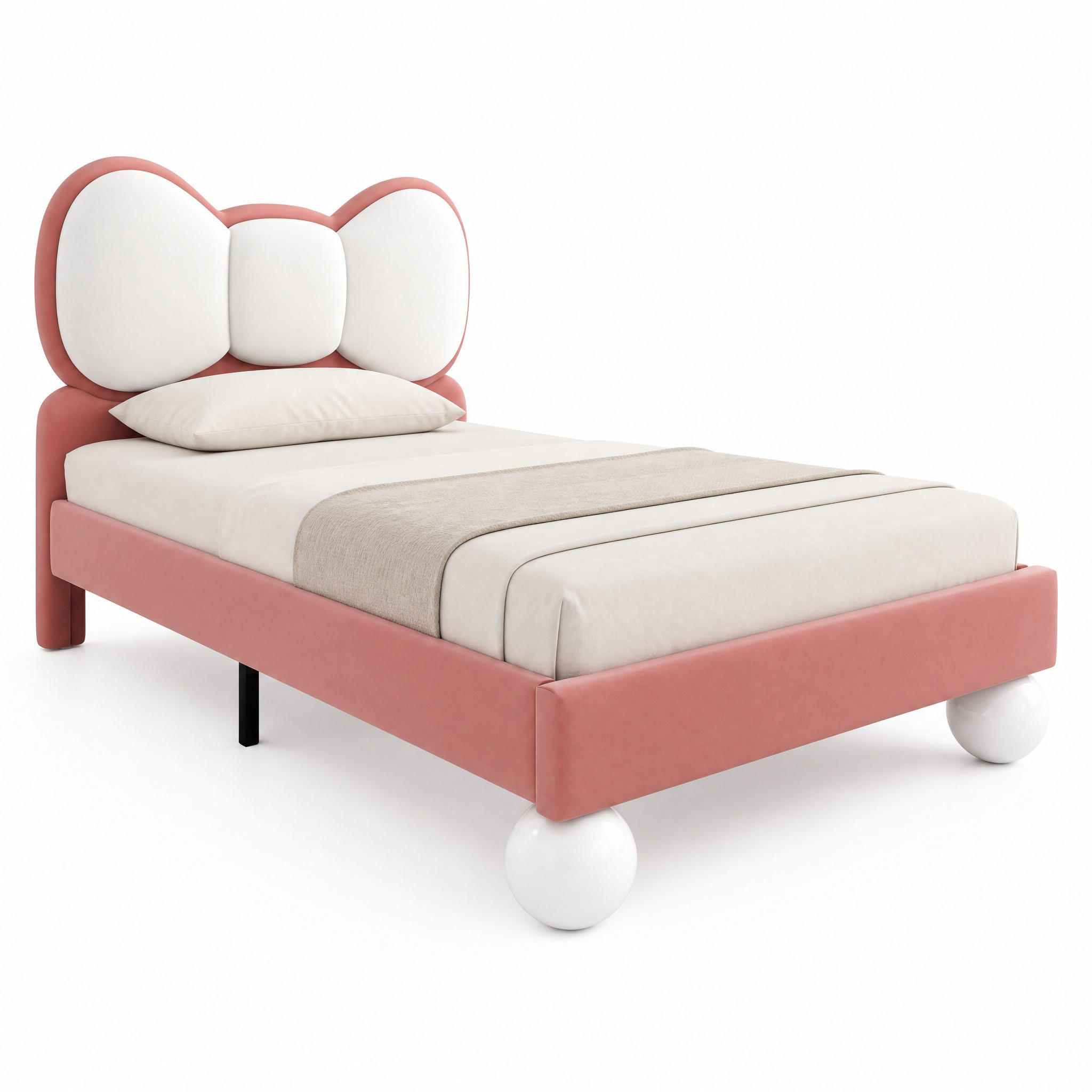 POLSTERBETT 90/200 cm in Rosa Samt Kinderbett mit LED und Fliege-Kopfteil - Beige/Schwarz, Holzwerkstoff/Textil (90/200cm) - STILVORA