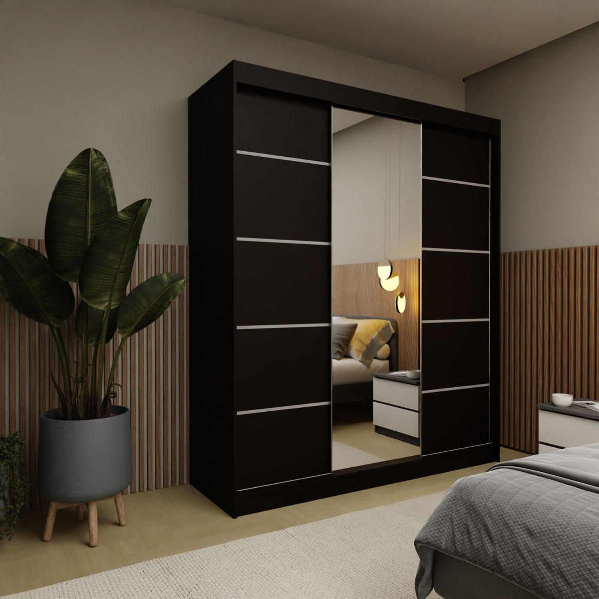 SCHWEBETÜRENSCHRANK MIRELLA 180/216/61 cm 3-türig mit Spiegel Schwarz - Schwarz, Holzwerkstoff (180/216/61cm) - MASSENO