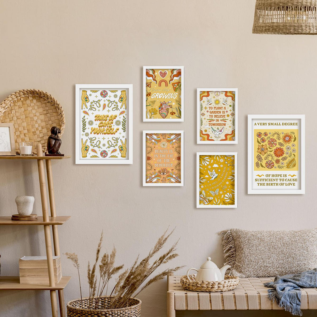 POSTER Set Mit 6 Drucken Der Selbstversorgung In Der Brillanten Groovy Dekorative Rahmen Für Ihr Zuhause Wandkunstdruck A3 & A4 Weißer Rahmen - Weiß, Papier (29/3cm) - Nacnic