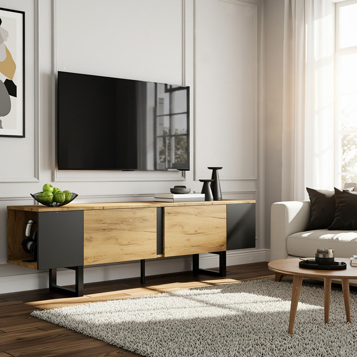 TV-LOWBOARD holzwerkstoff natur & schwarz für tvs bis 75 zoll - Naturfarben, Holzwerkstoff (180/55/40cm) - Urban Meuble