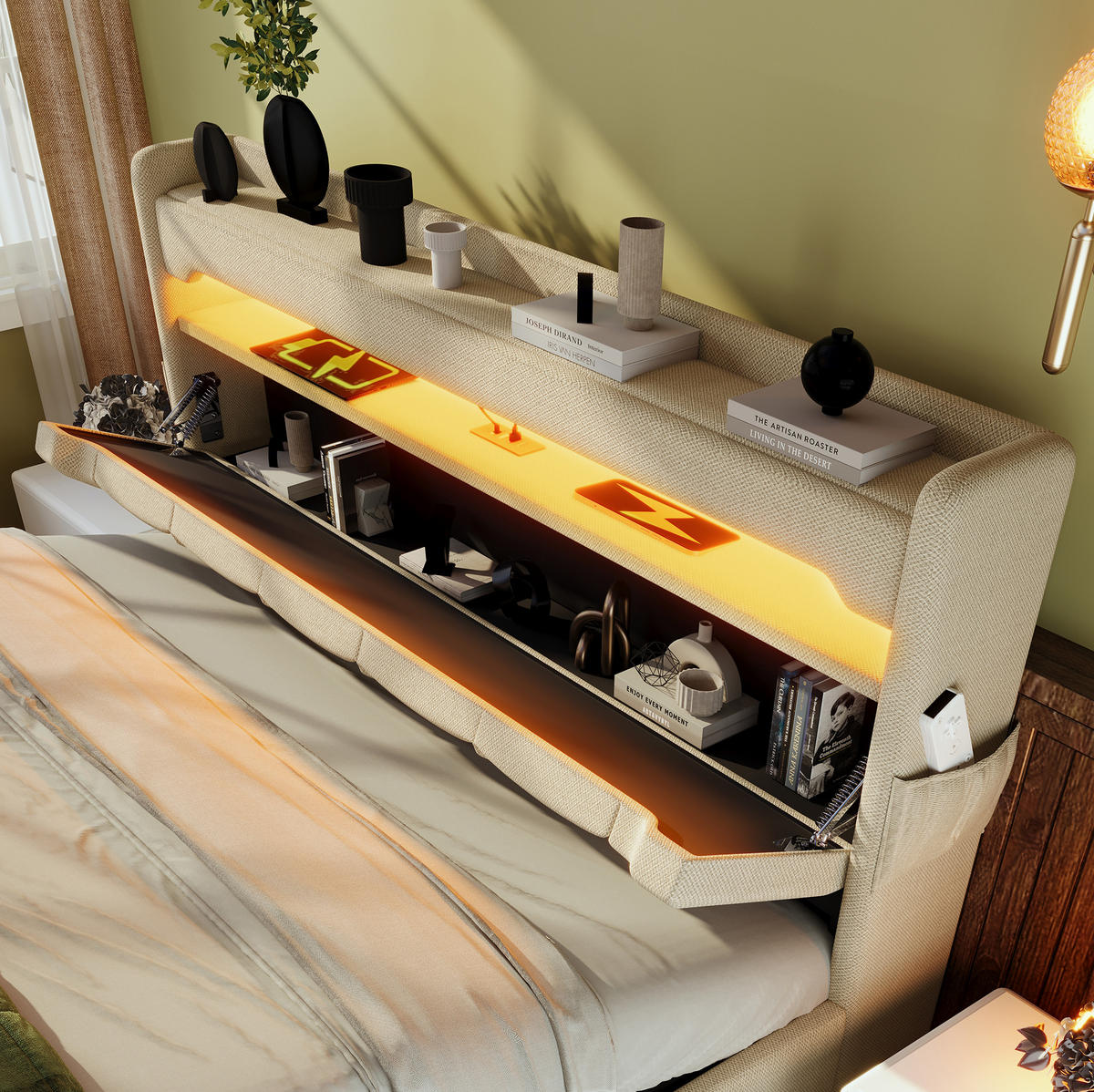 POLSTERBETT 160/200 cm mit Bettkasten, LED-Beleuchtung und USB in Beige - Beige, Textil (160/200cm) - BEAOK