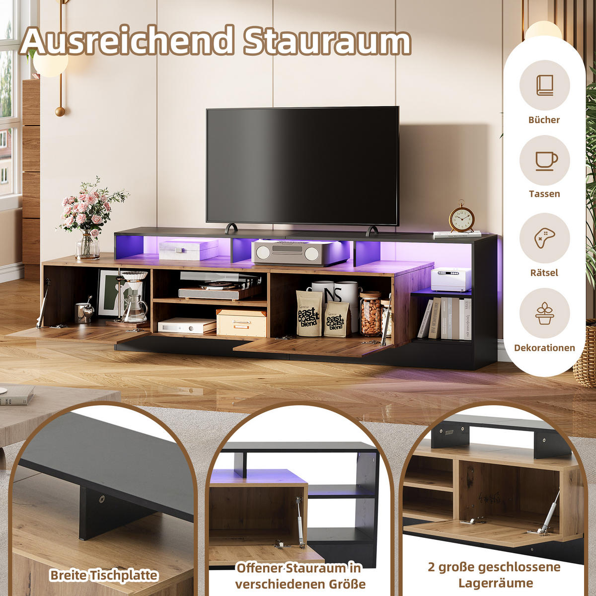 TV-ELEMENT 190/40/48.5 cm Schwarz + Eiche mit LED-Anzeigen - Schwarz, Holz (40/48.5/190cm) - Oxeza