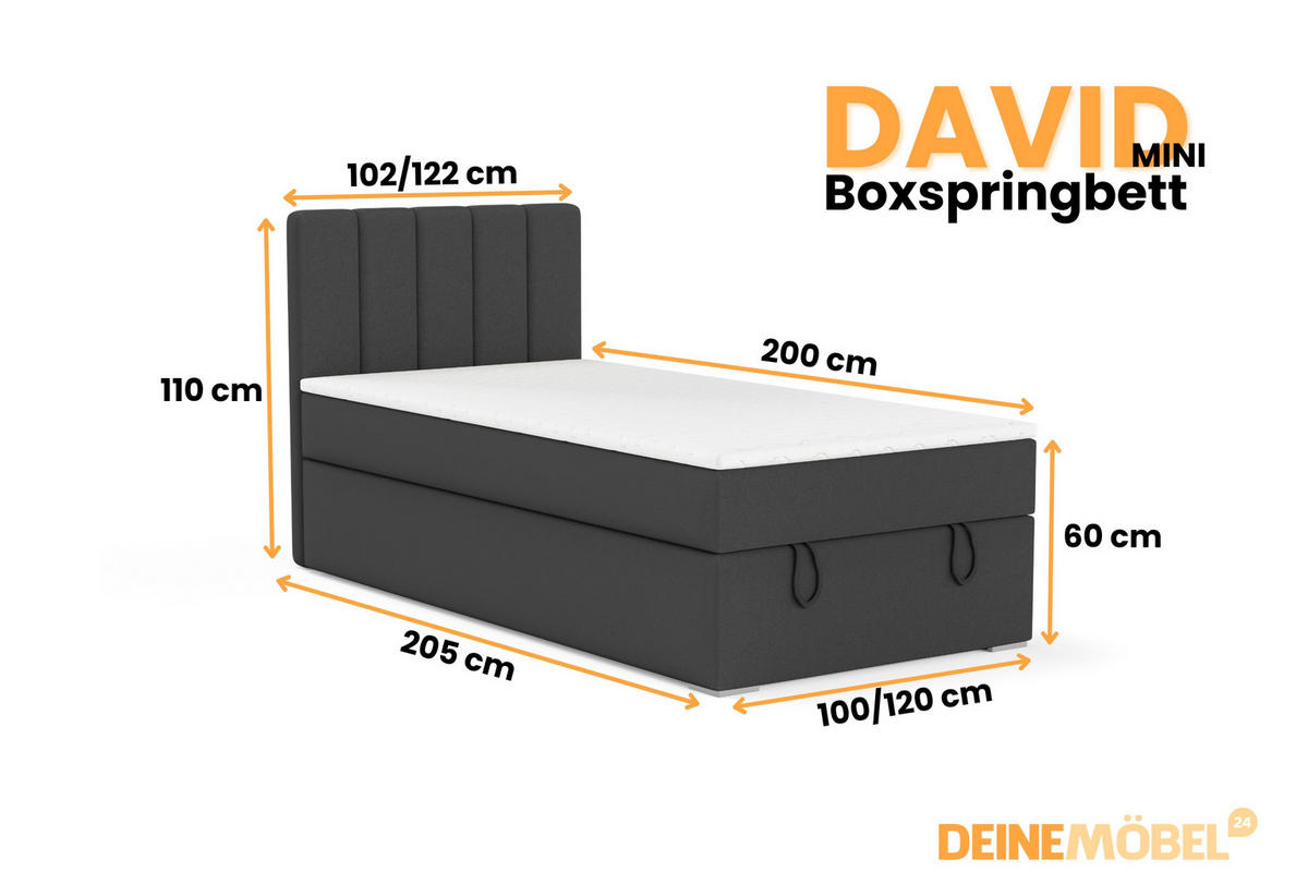 BOXBETT DAVID MINI 120/200 in Velours Anthrazit H4 - Anthrazit, Holz/Holzwerkstoff (120/200cm) - Deine Möbel 24