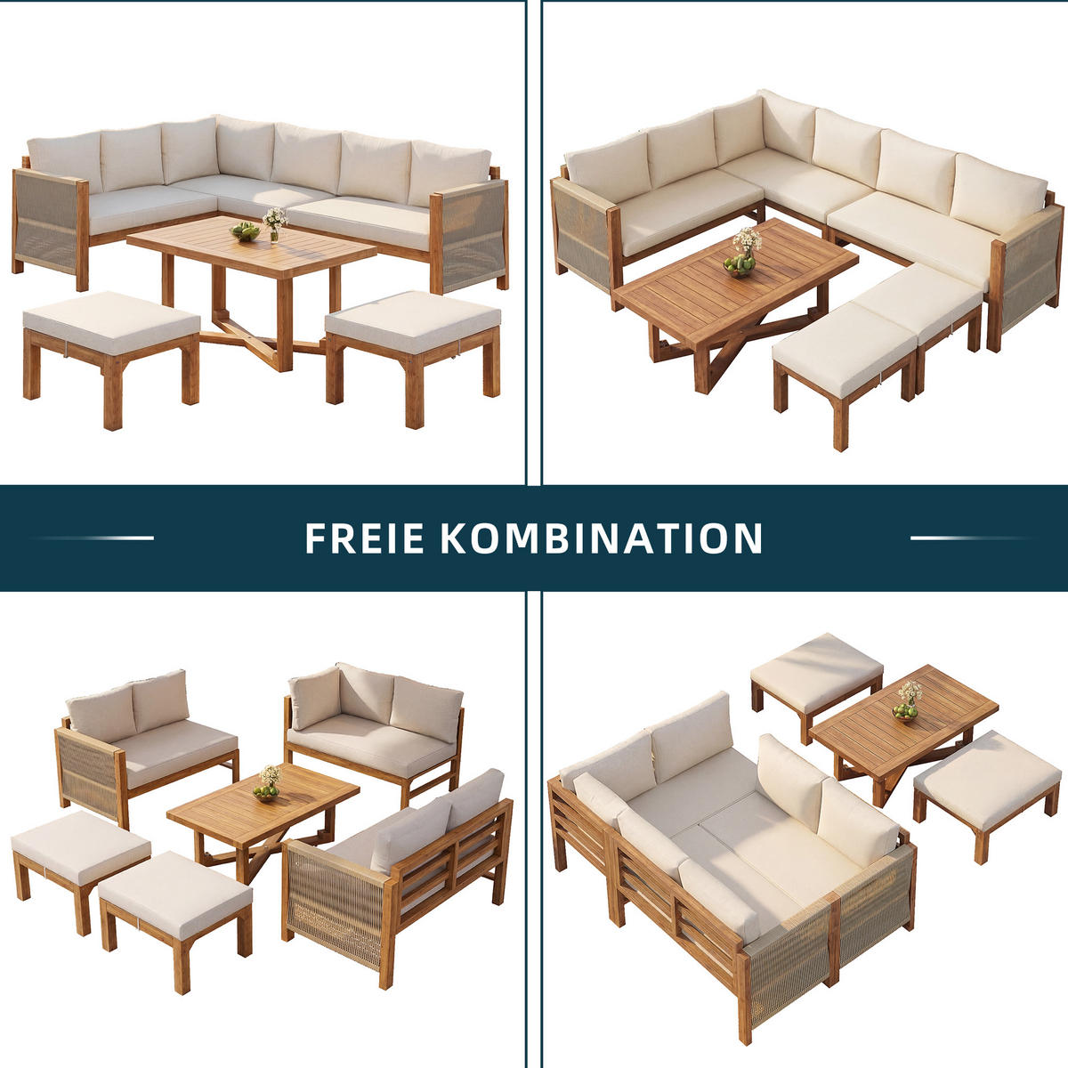 GARTENLOUNGE Akazienholz 6 Sitzer Ecksofa Kissen Tisch Hocker - Beige, Holz - FLIEKS