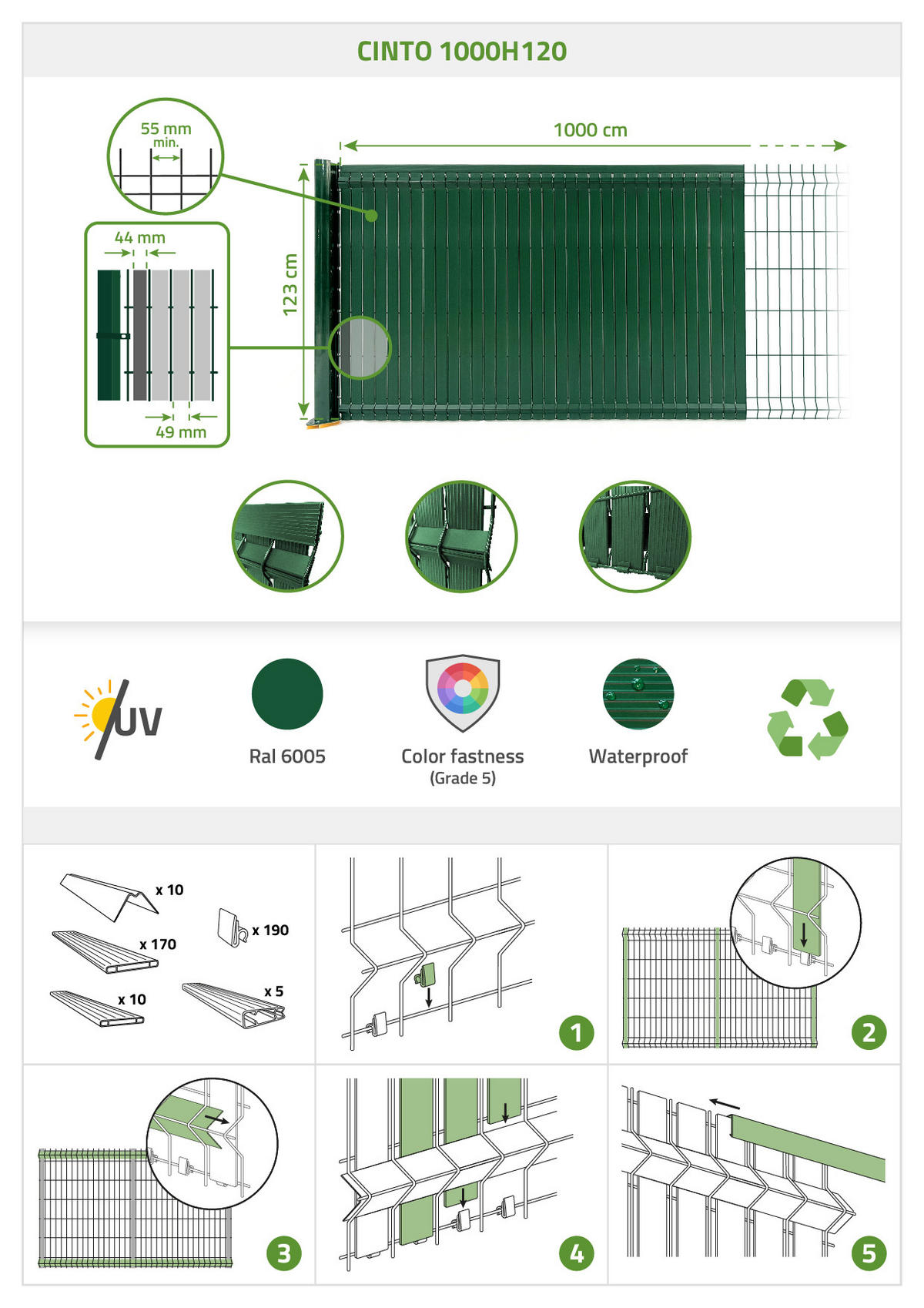 PVC-SICHTSCHUTZLAMELLEN-STEIF-SET Cinto grün 10m H.120cm - Mit clips und Endprofil - Grün, Kunststoff (1000/123cm) - Casanoov