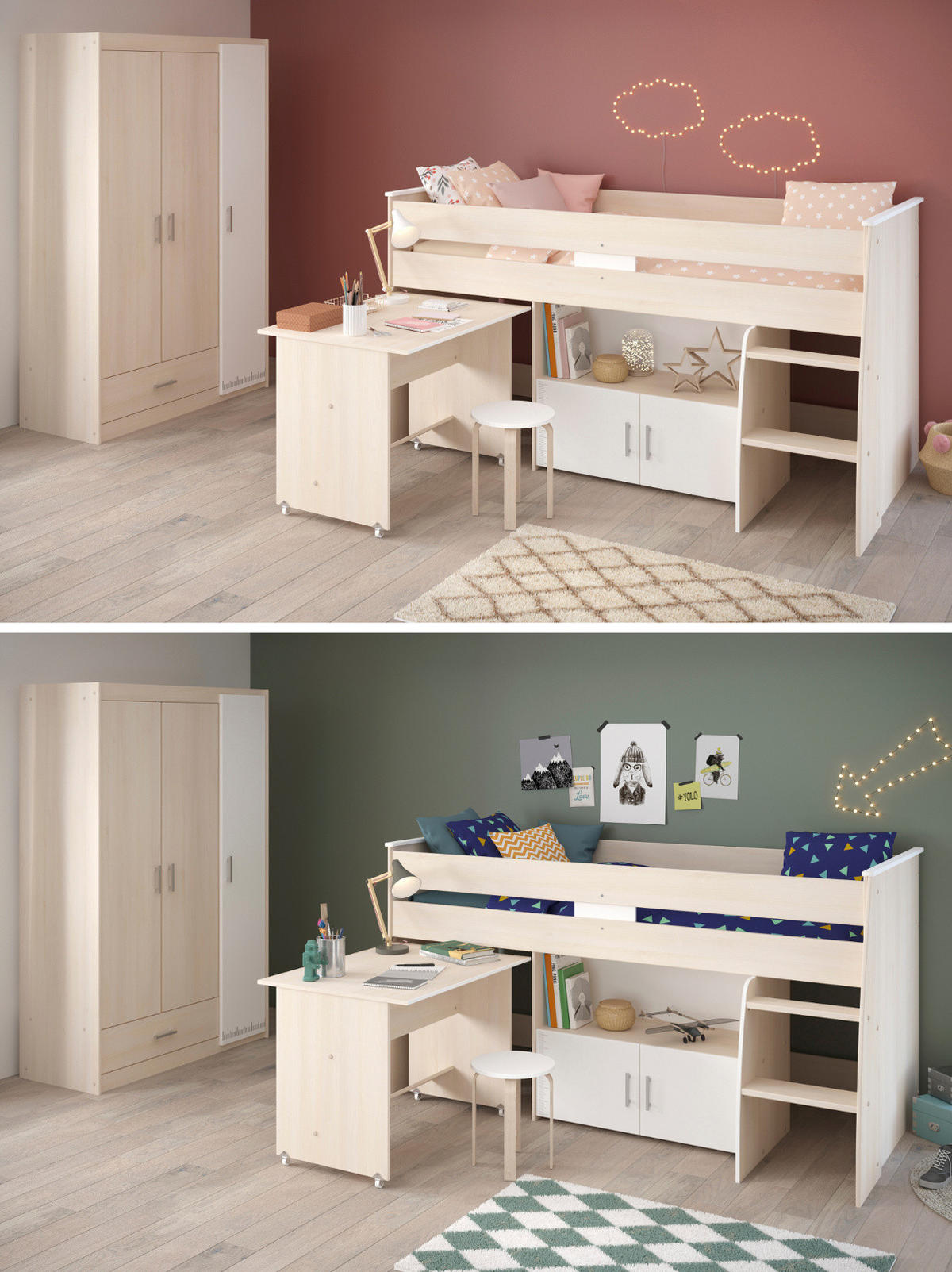KINDERZIMMER Set Hochbett 90x200 cm mit Schreibtisch Kleiderschrank - Silberfarben/Weiß, Holzwerkstoff/Kunststoff (206/179/114cm) - Parisot Meuble
