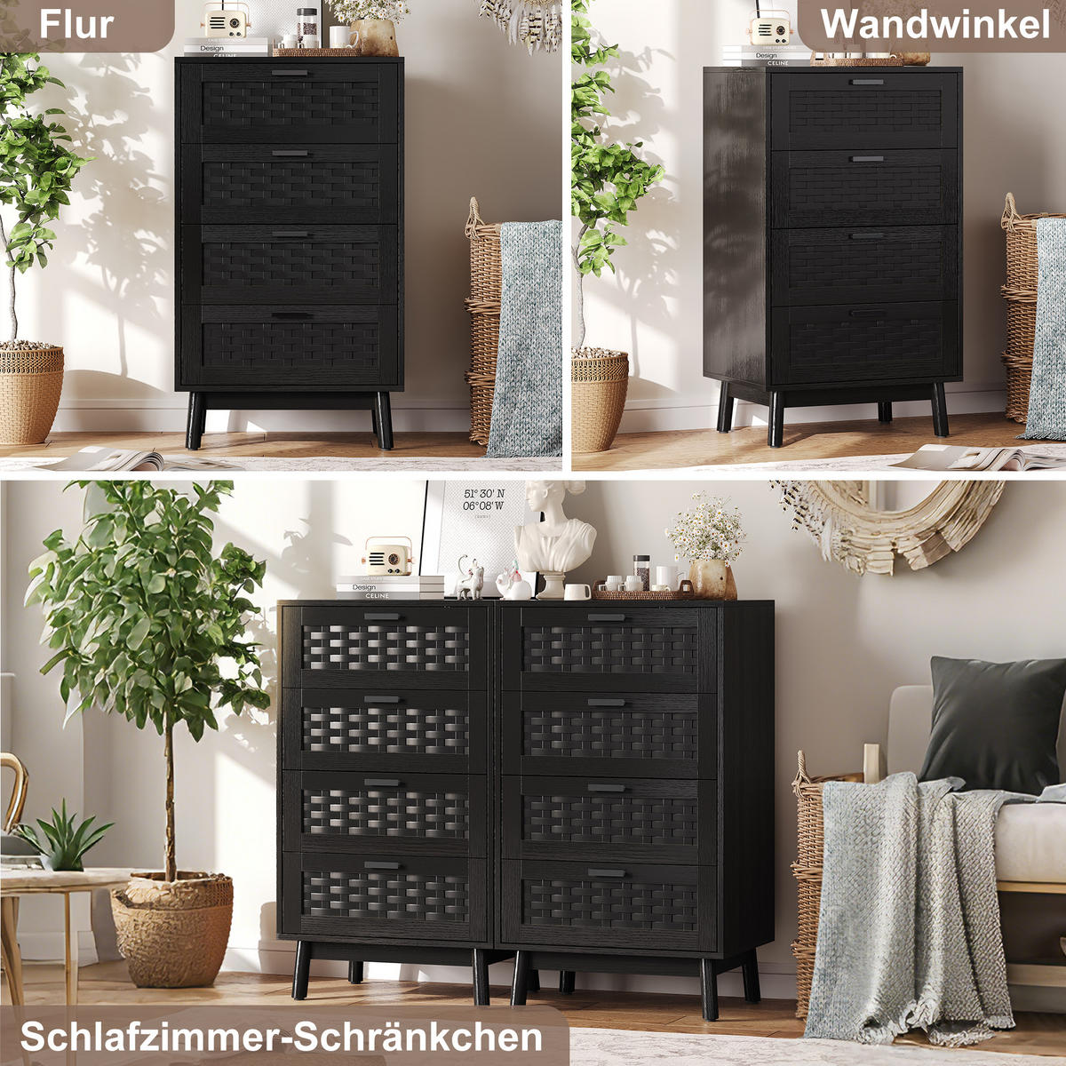 KOMMODE 4 Schubladen, PVC Rattanoptik, 55x40x95 cm, Holzfüße, Anti-Kipp, schwarz - Schwarz, Holz (55/95/39.8cm) - EuroLiving