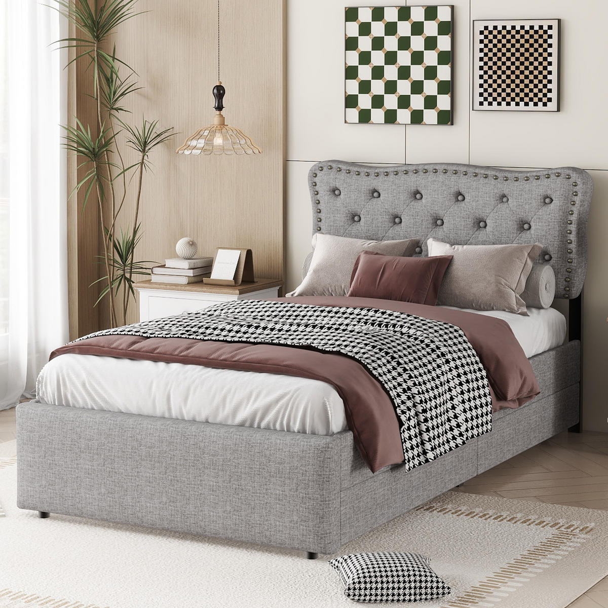 POLSTERBETT 90/200 cm grau mit Aufbewahrung und verstellbarem Nachttisch - Grau, Textil (90/200cm) - OKWISH