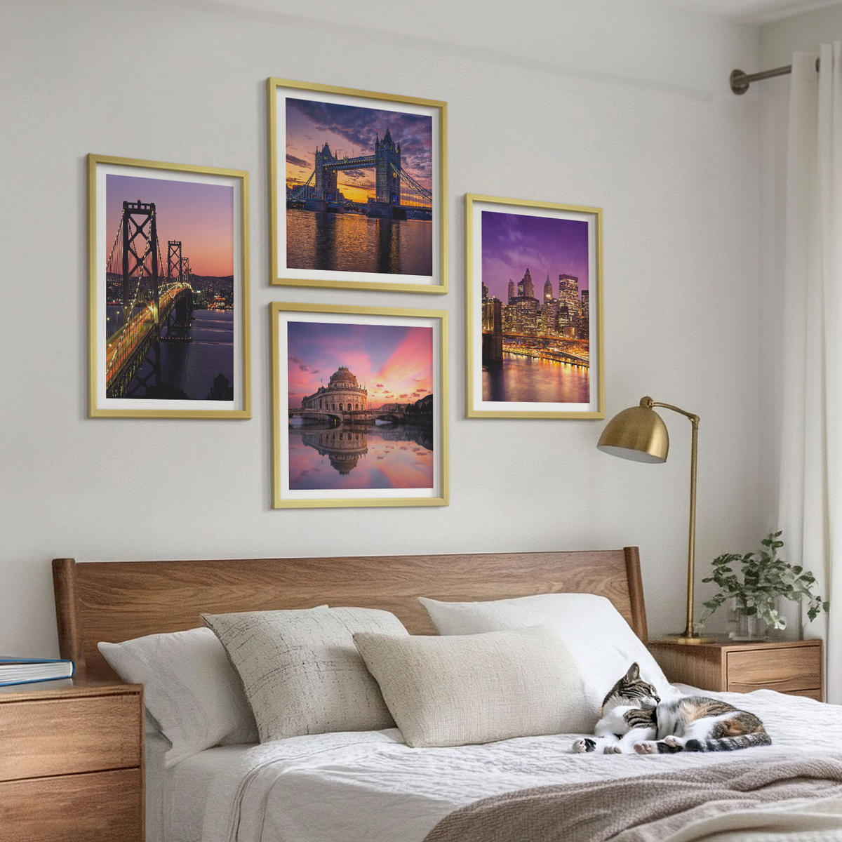 WANDBILDER 4er Set - 50x50 cm & 40x60 cm Goldrahmen - Brücken, Sonne, Stadtblick - Goldfarben, Kunststoff (50/50cm) - ArtPrintCave