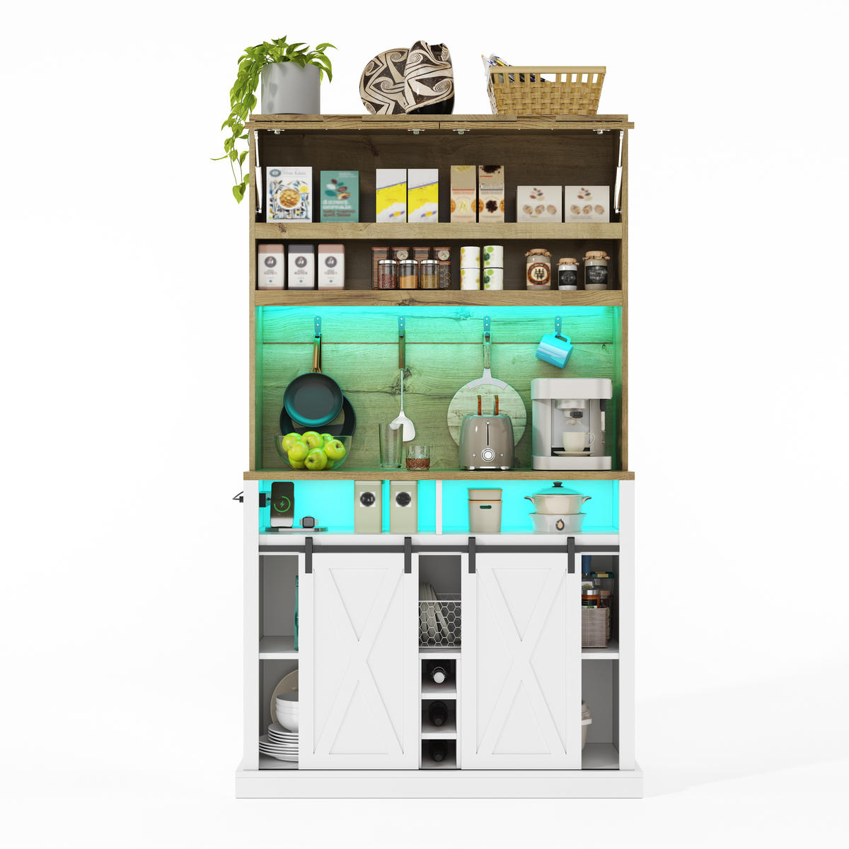 BUFFET 191 cm MDF Natur Weiß mit Vitrine, Weinregal und RGB-LED - Weiß, Holzwerkstoff (40/191/110cm) - Korfee