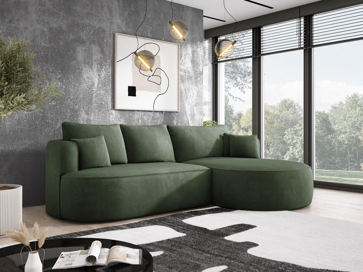 ECKSOFA FIORE-L Moderne Ausziehbare Schlaf-Funktion, automatischer Auffaltung, lose Rückenkissen freistehend RECHTS 284x183x82 cm Forest green - Waldgrün, Holz/Textil (284/183cm) - DomoHome