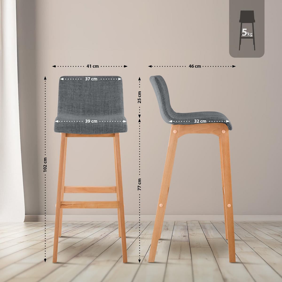 BARHOCKER 2er Set Stoff hellgrau - Eukalyptusholzfarben/Hellgrau, Holz/Textil (41/102/46cm) - CLP