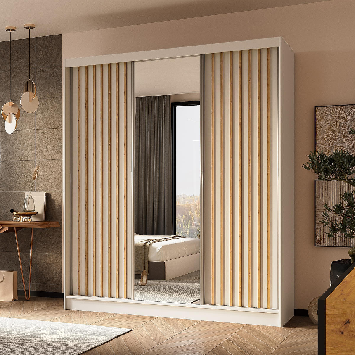 SCHWEBETÜRENSCHRANK LAMELLO 180/216/61 cm 3-türig mit Spiegel Weiß - Weiß, Holzwerkstoff (180/216/61cm) - MASSENO