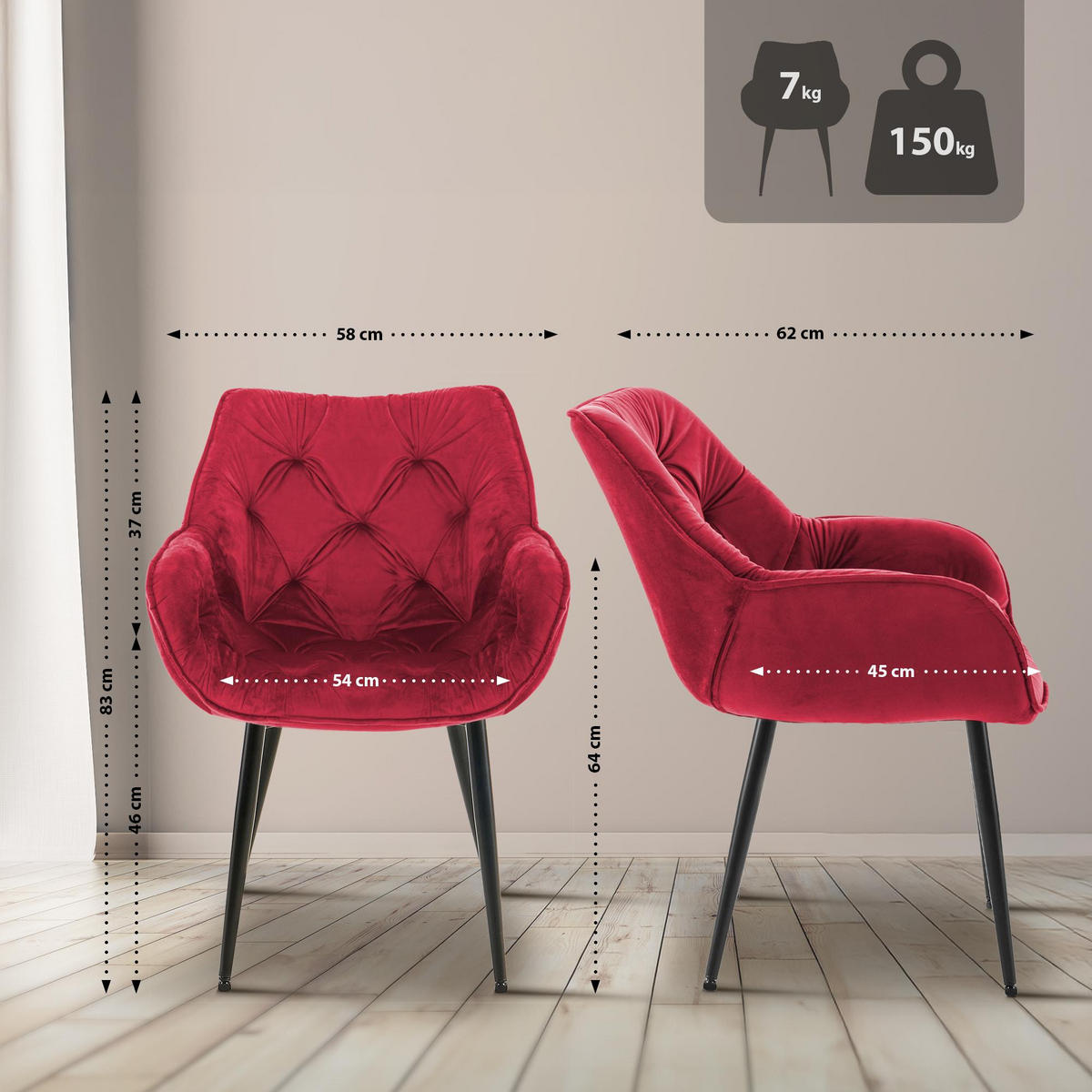 ARMLEHNENSTUHL 2er Set Samt Rot - Rot/Schwarz, Textil/Metall (58/83/62cm) - CLP