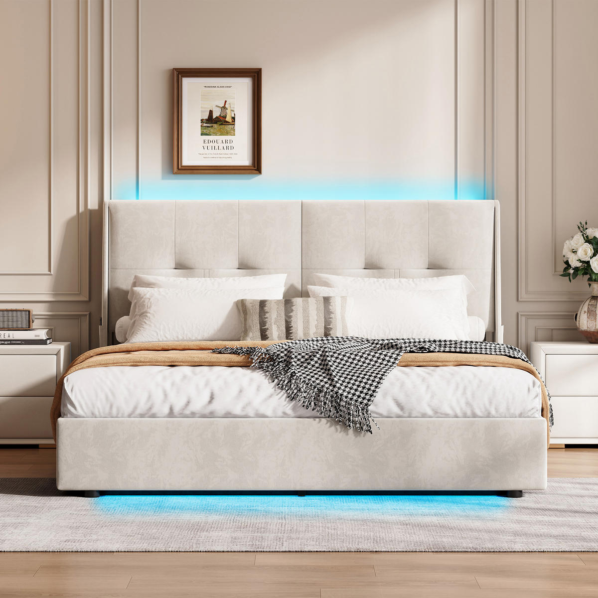 POLSTERBETT 140x200 cm mit LED, Samt - Beige, Holz (140/200cm)