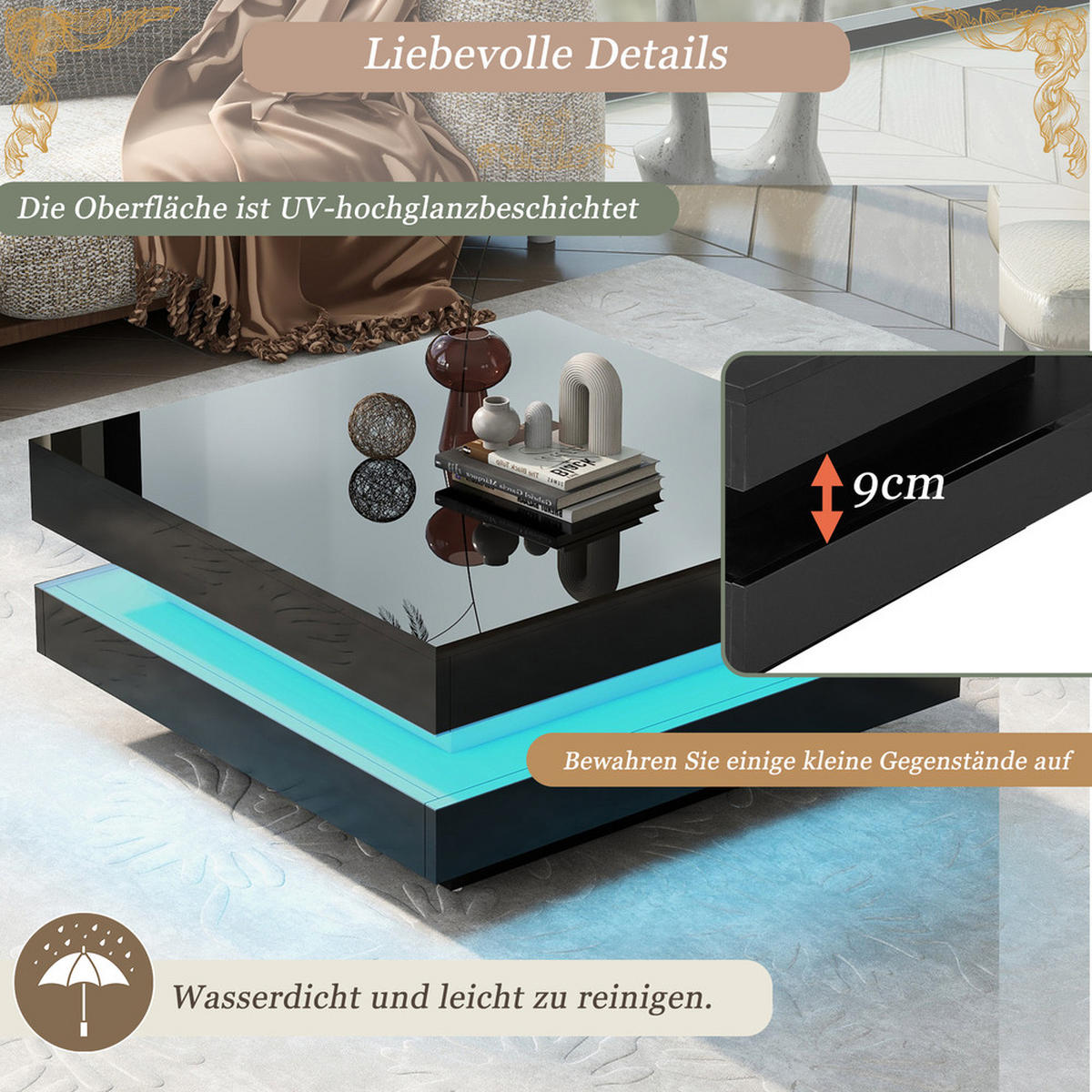 COUCHTISCH 70x70cm Schwarz Quadratisch LED 16 Farben Techno Stil 45kg - Schwarz, Holz (80/79.5/14.7cm) - FLIEKS