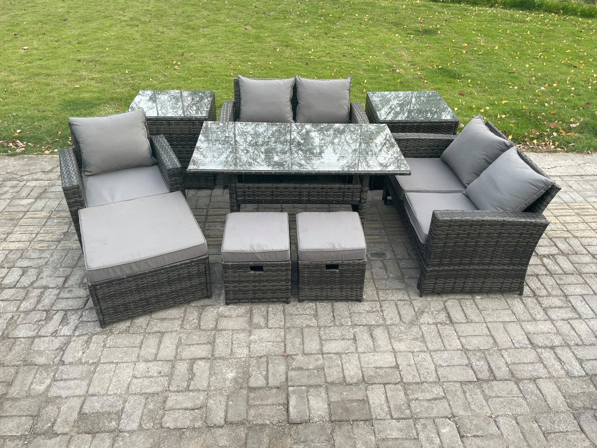 BALKONMÖBEL-SETS mit 2-Sitzer Sofa,3 Hockern,Esstisch,2 Beistelltischen Polyrattan Dunkelgrau 8-Sitzer - Dunkelgrau/Grau, Glas/Kunststoff - Fimous