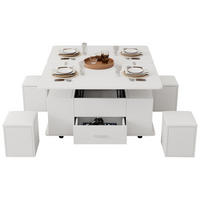 COUCHTISCH Höhenverstellbar 4-in-1 Weiß mit Schubladen 4 Hocker - Weiß, Holzwerkstoff (100/50/45cm)