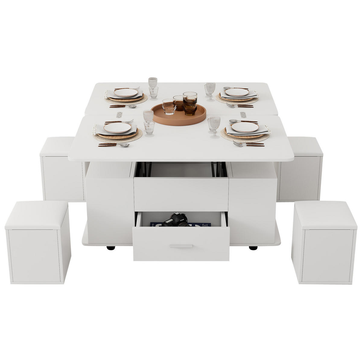 COUCHTISCH 100/50/45 cm Weiß mit Höhenverstellbar und 4 Hockern aus Spanplatte - Weiß, Holzwerkstoff (100/50/45cm) - OKWISH