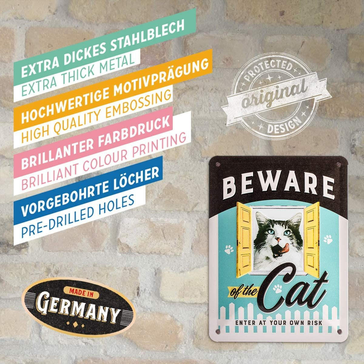 BLECHSCHILD 15/20 cm Animal Club Beware Of The Cat - Multicolor, Metall (15/20/0.5cm) - Nostalgic-Art