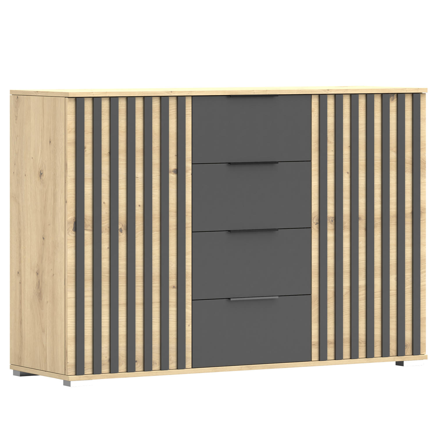 imoebel24 KOMMODE Eiche Artisan, Schwarz 135cm × 42cm × 44cm