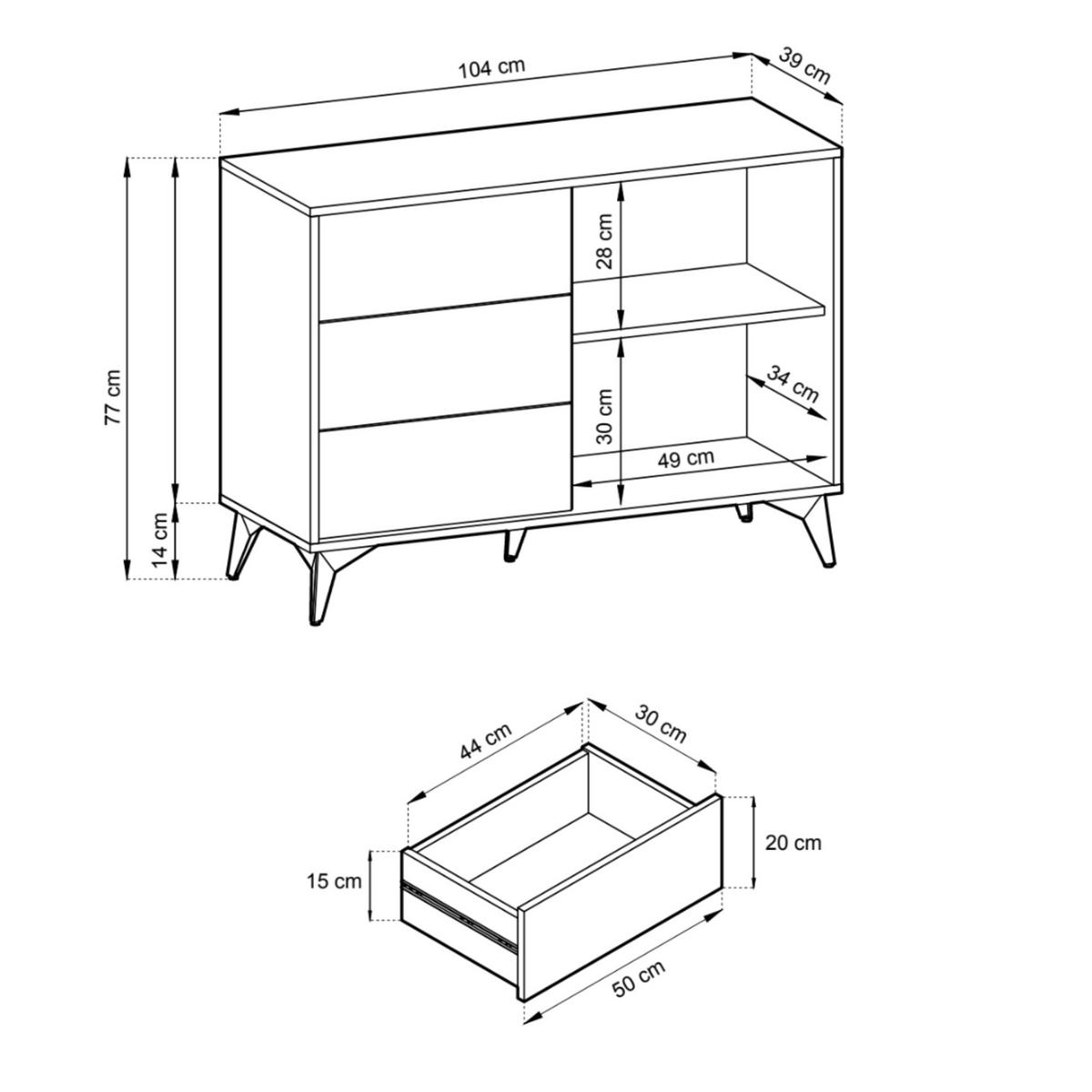 KOMMODE DIAMOND K1D3SZ (Eiche Evoke, Schwarz, Fischgrätmuster, Metallfüße, Push to Open) - Eichefarben/Schwarz, Holz/Holzwerkstoff (104/77/39cm) - Ravio