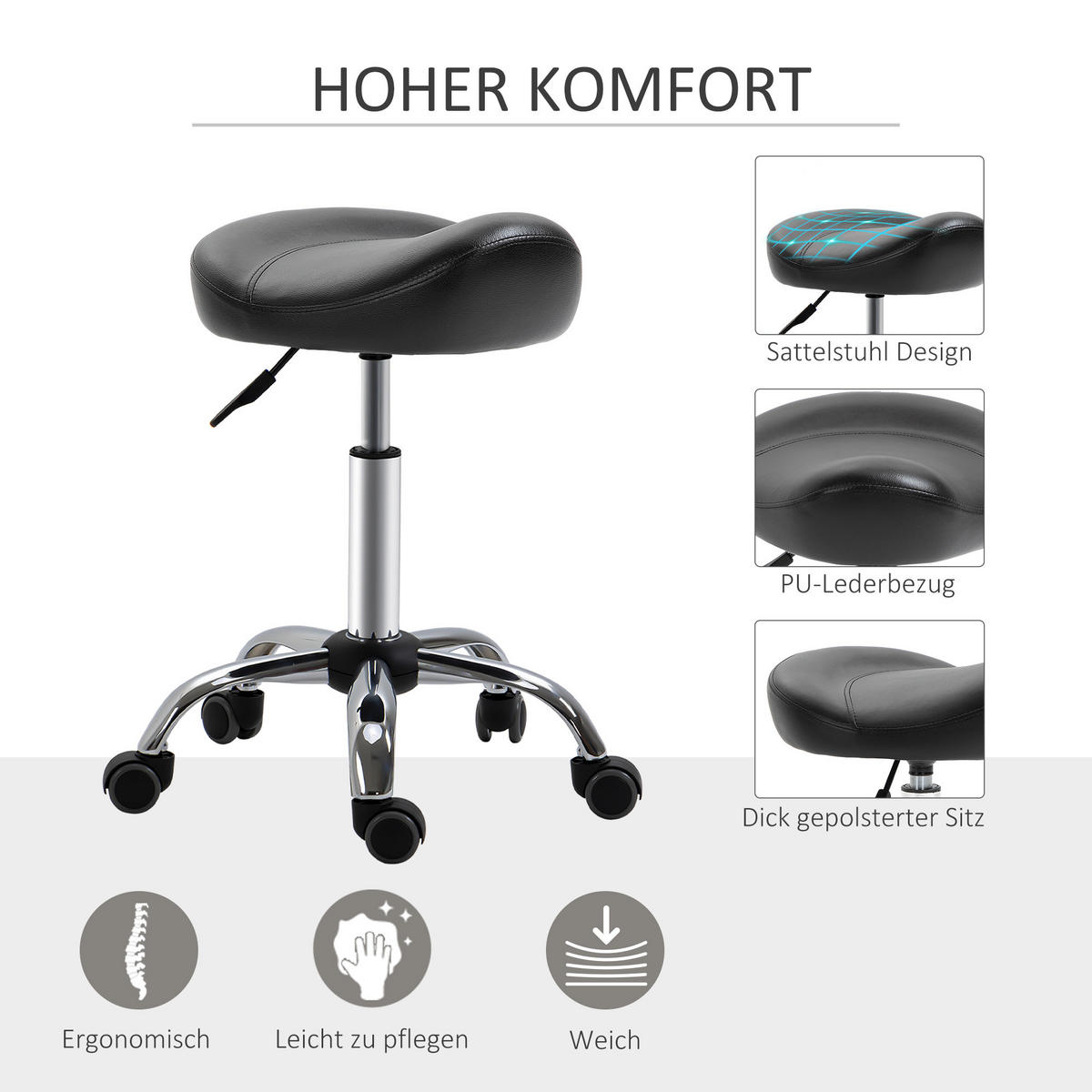 ROLLHOCKER, Höhenverstellbarer, Schwarz - Schwarz, Leder (48/69/48cm) - HOMCOM