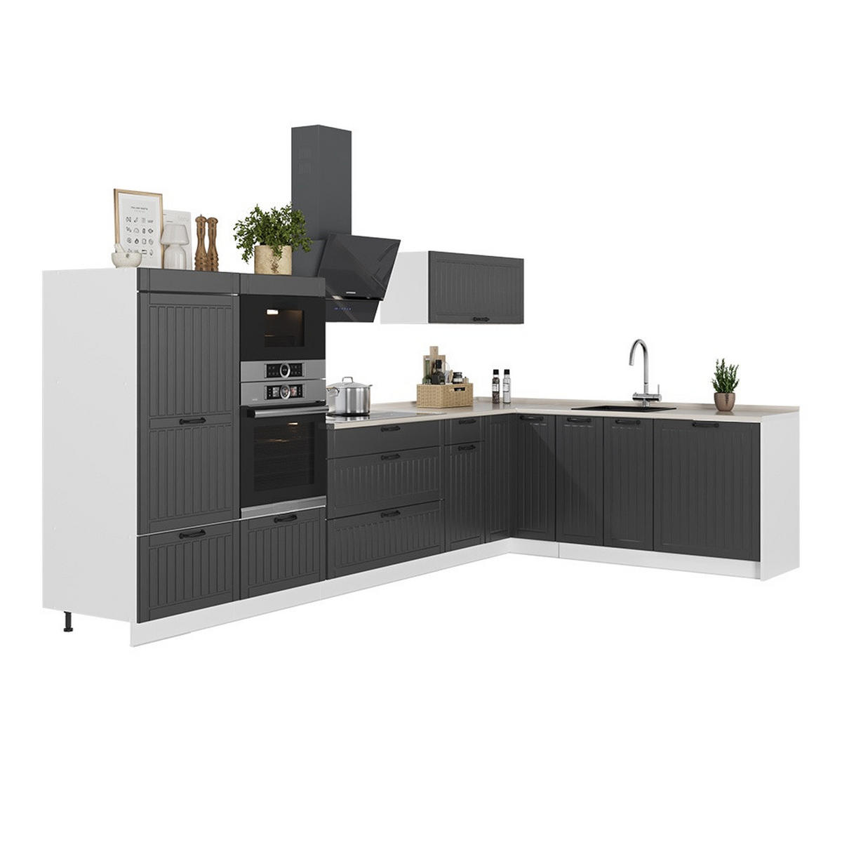 KUHINJA V OBLIKI ČRKE L Fame-Line, Temno siva/Bela, 347 x 207 cm, DP Marmor - temno siva/bela, leseni material (347/153.6/60cm) - Vicco