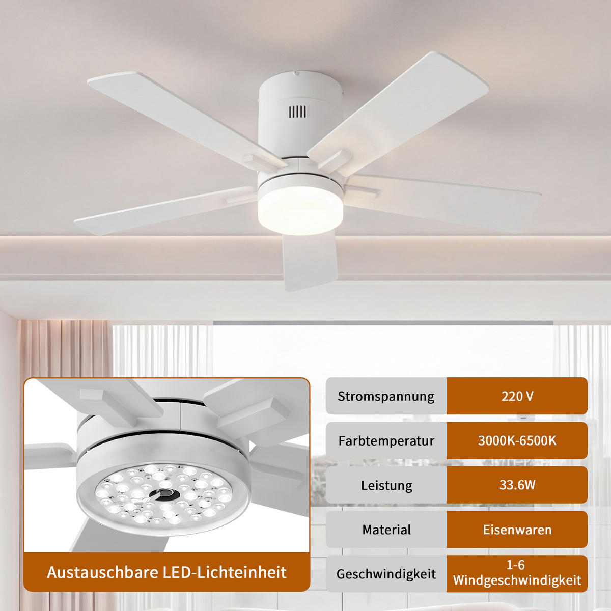 STROPNI ventilator z LED lučko, 106,6 cm, bel, 6 hitrosti in časovnik - bela, kovina (106.6/106.6/28cm) - EuroLiving