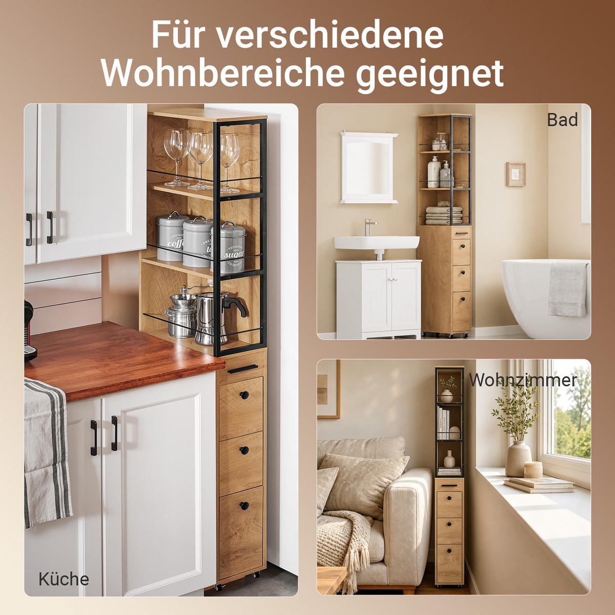NISCHENSCHRANK 20 cm schmal mit 4 Rollen, 40×20×170 cm, kleine Küchen Natur - Schwarz/Naturfarben, Holz/Metall (20/170/40cm) - SoBuy