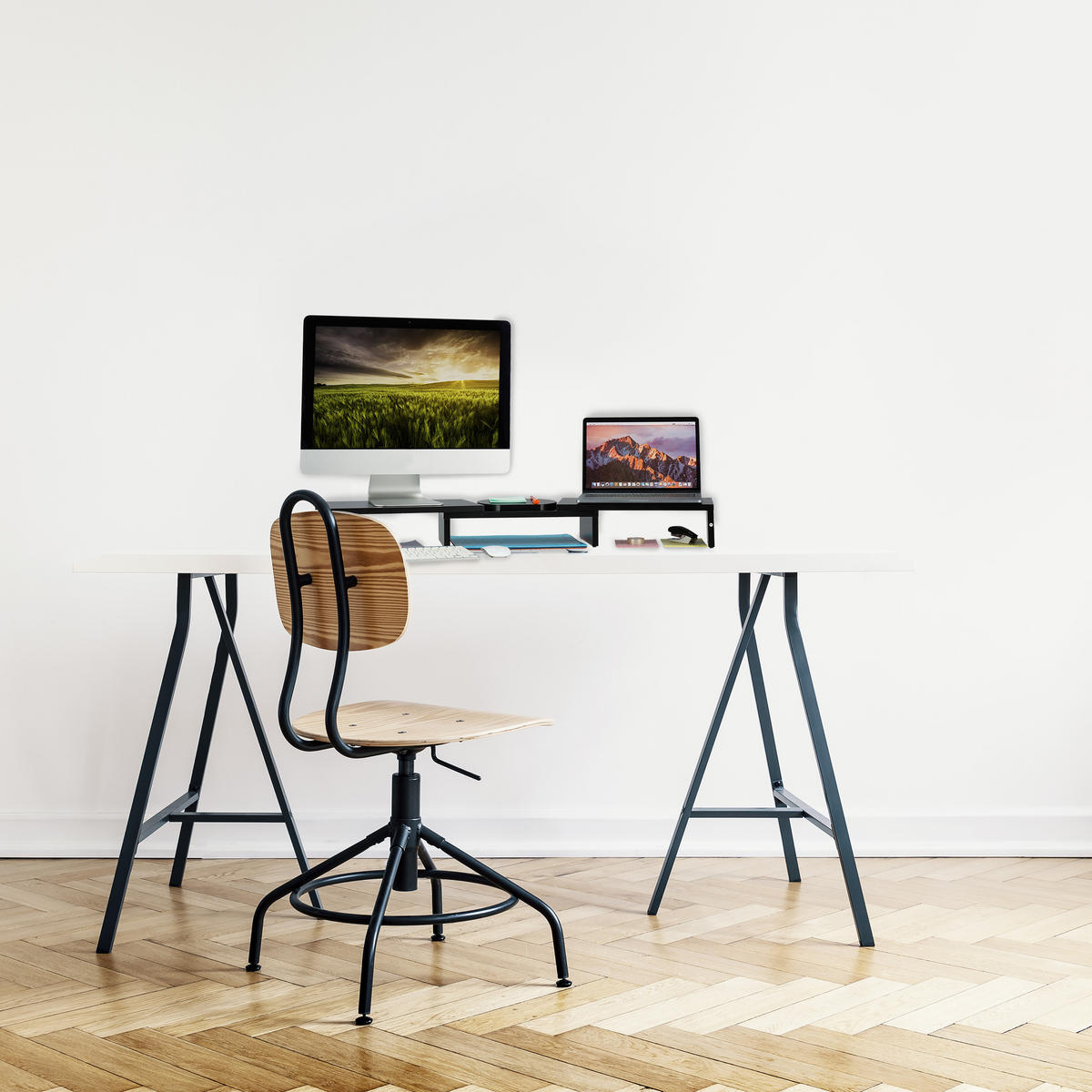 MONITORSTÄNDER Schwarz für 2 Monitore verstellbar MDF 104 cm - Schwarz, Holzwerkstoff (20.5/104/11cm) - Relaxdays