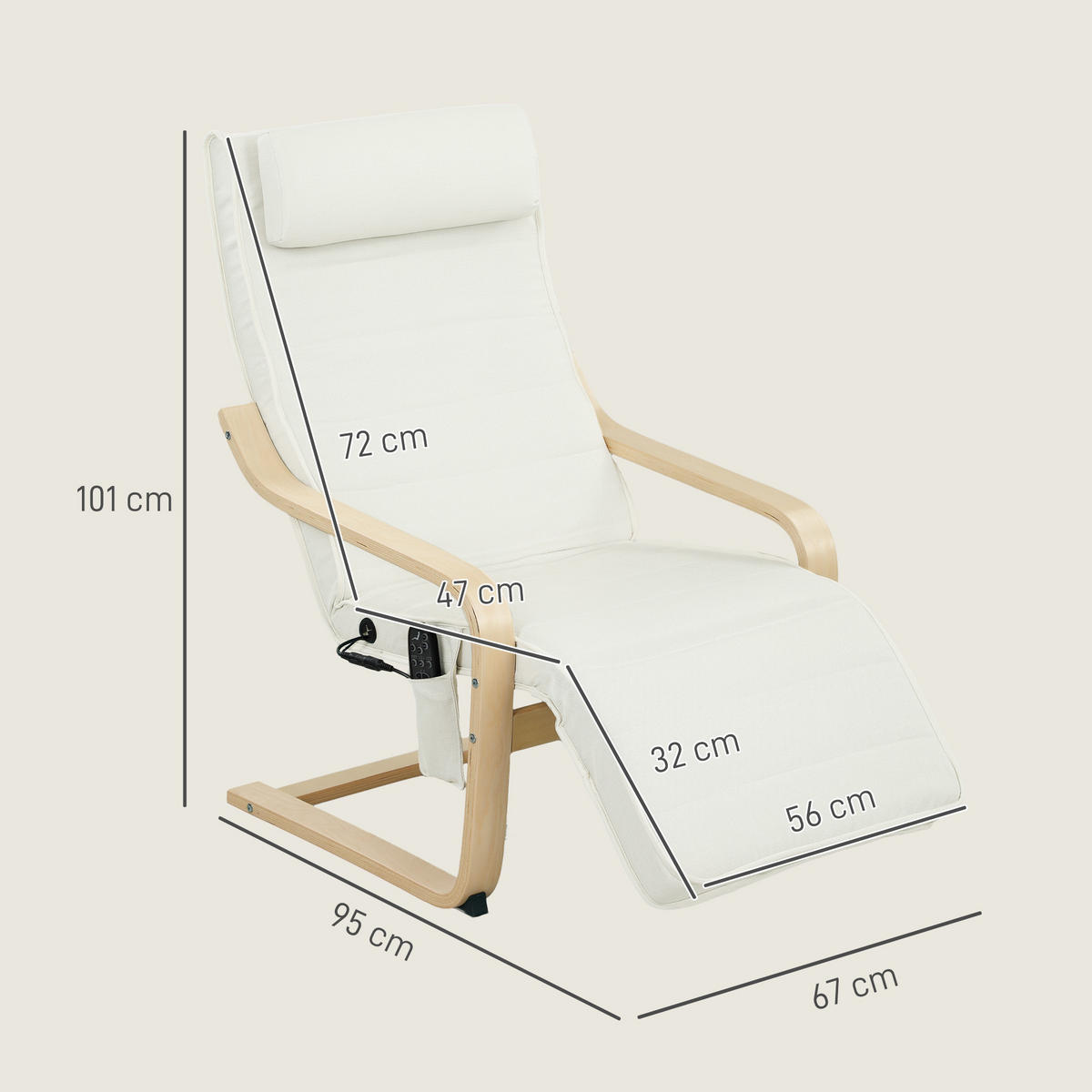RELAXSESSEL DE-13284 Massagefunktion & beheizbare Lordosenstütze Creme - Weiß, Holz (67/101/95cm) - ComfortXL