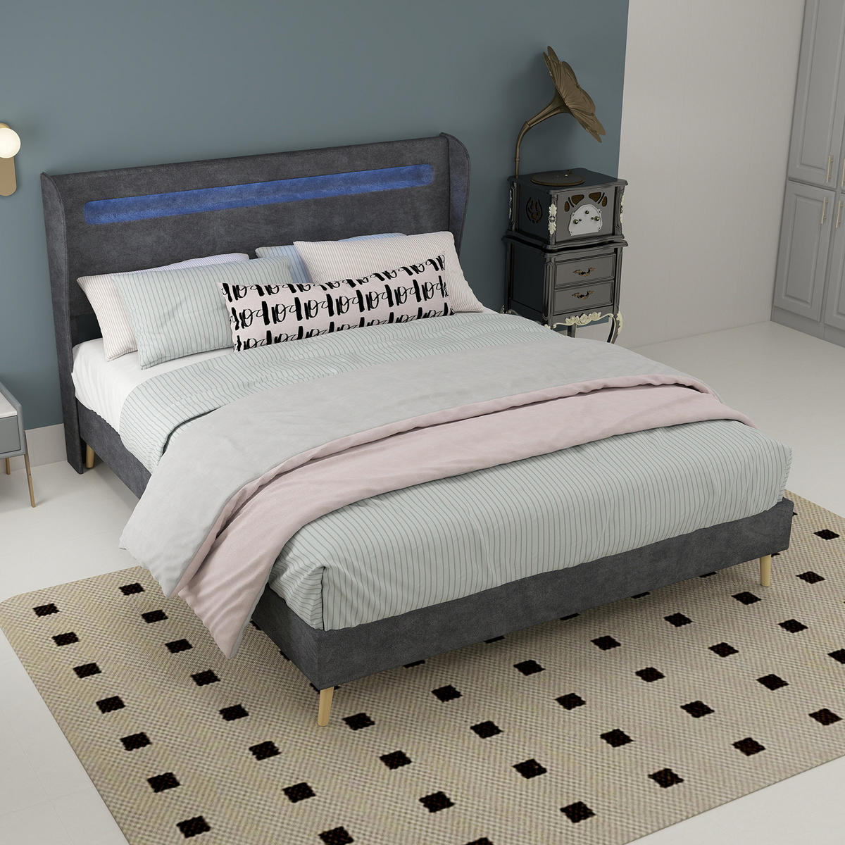 POLSTERBETT 140/200 cm in Grau Stoff mit LED und Verstellbarem Kopfteil - Grau, Holzwerkstoff/Textil (140/200cm) - WISHDOR