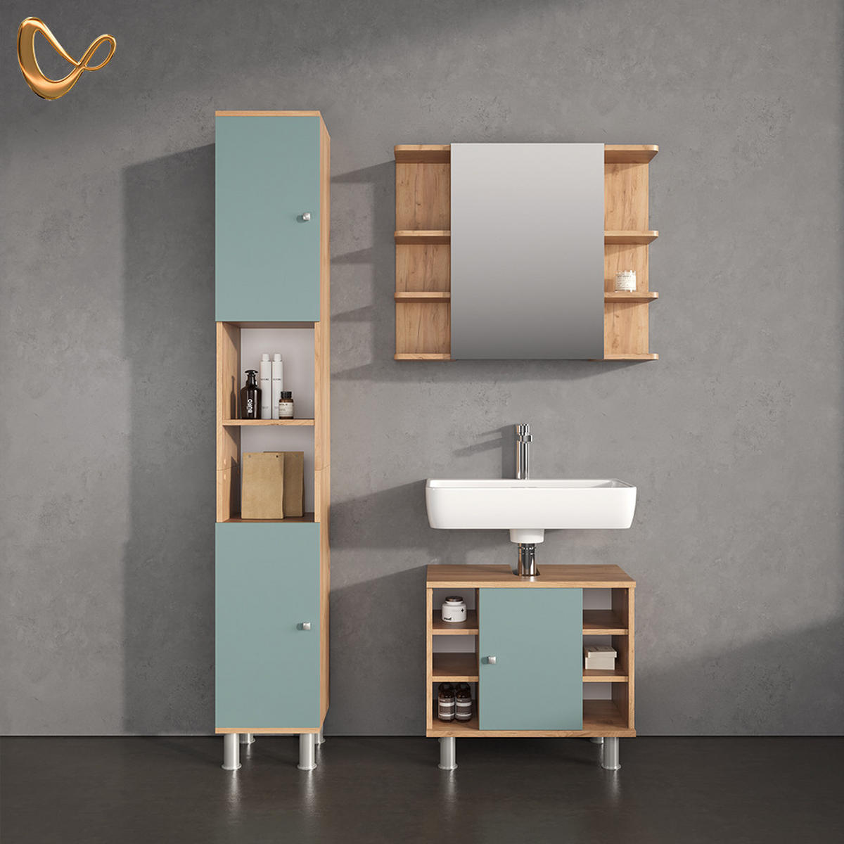 BADSCHRANK Fucino Goldkraft Eiche 30 x 190 cm - Eiche Wotan/Braun, Holzwerkstoff (30/190/30cm) - Livinity®
