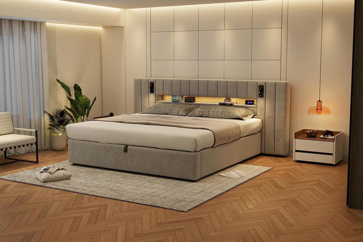 ČALOUNĚNÁ postel ze sametu, lehací plocha 180/200 cm, šedá, s LED osvětlením a USB - šedá, textil (180/200cm) - Modenvie