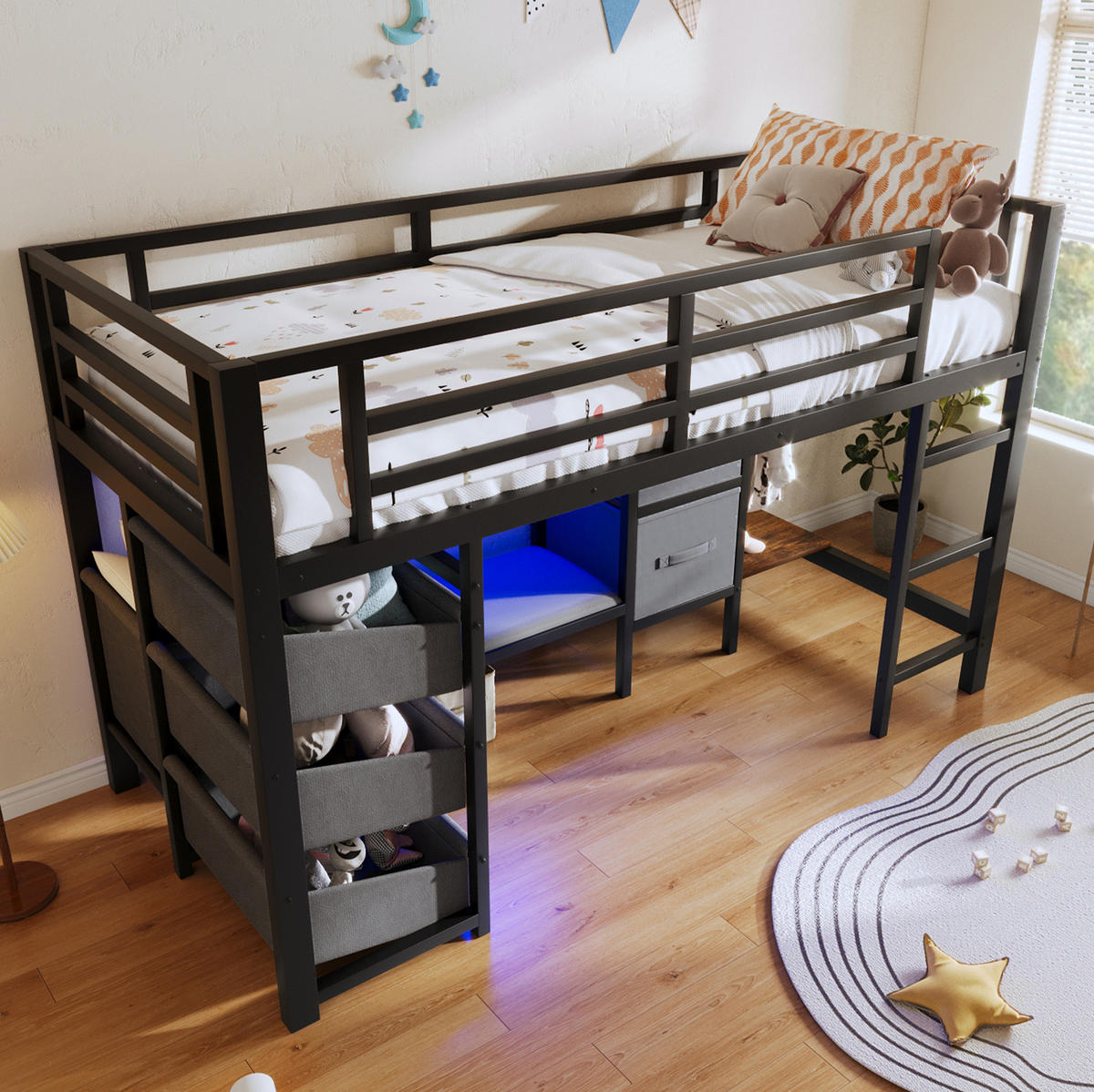 HALBHOHES Bett aus Metall 90x200 cm Schwarz mit LED-Beleuchtung, Sitzkissen und Stauraum - Schwarz, Metall (90/200cm) - IVMEU