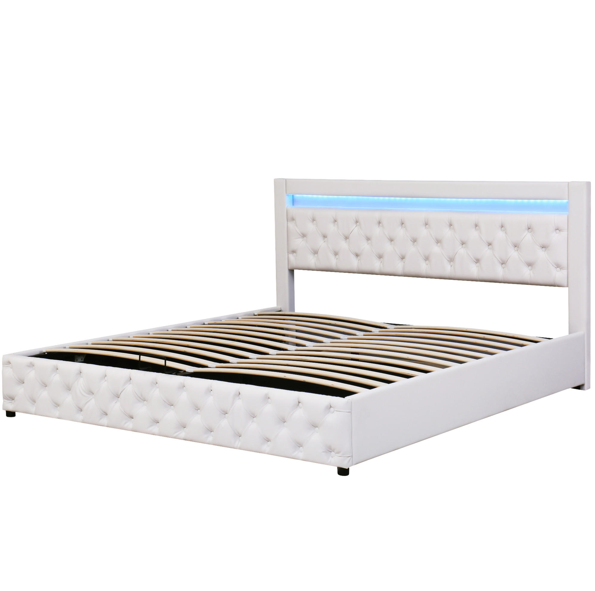 Modfu ČALOUNĚNÁ postel z PU 180x200 cm bílá s LED osvětlením, úložným prostorem a lamelovým roštem