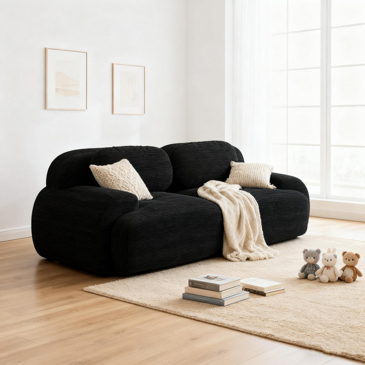 SOFA Modulares 2-Sitzer, mit Armlehnen, Cord, Schwarz - Schwarz, Textil (103/70/208cm) - Meubles Cosy