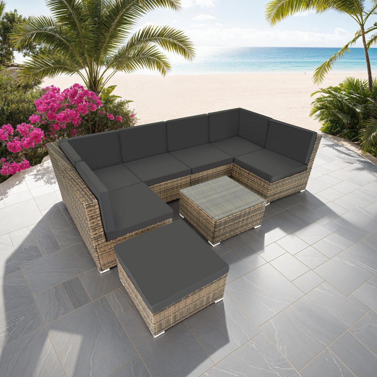 RATTANLOUNGE Venedig,mit Sicherheitsglasplatte,natur - Naturfarben, Kunststoff - tectake