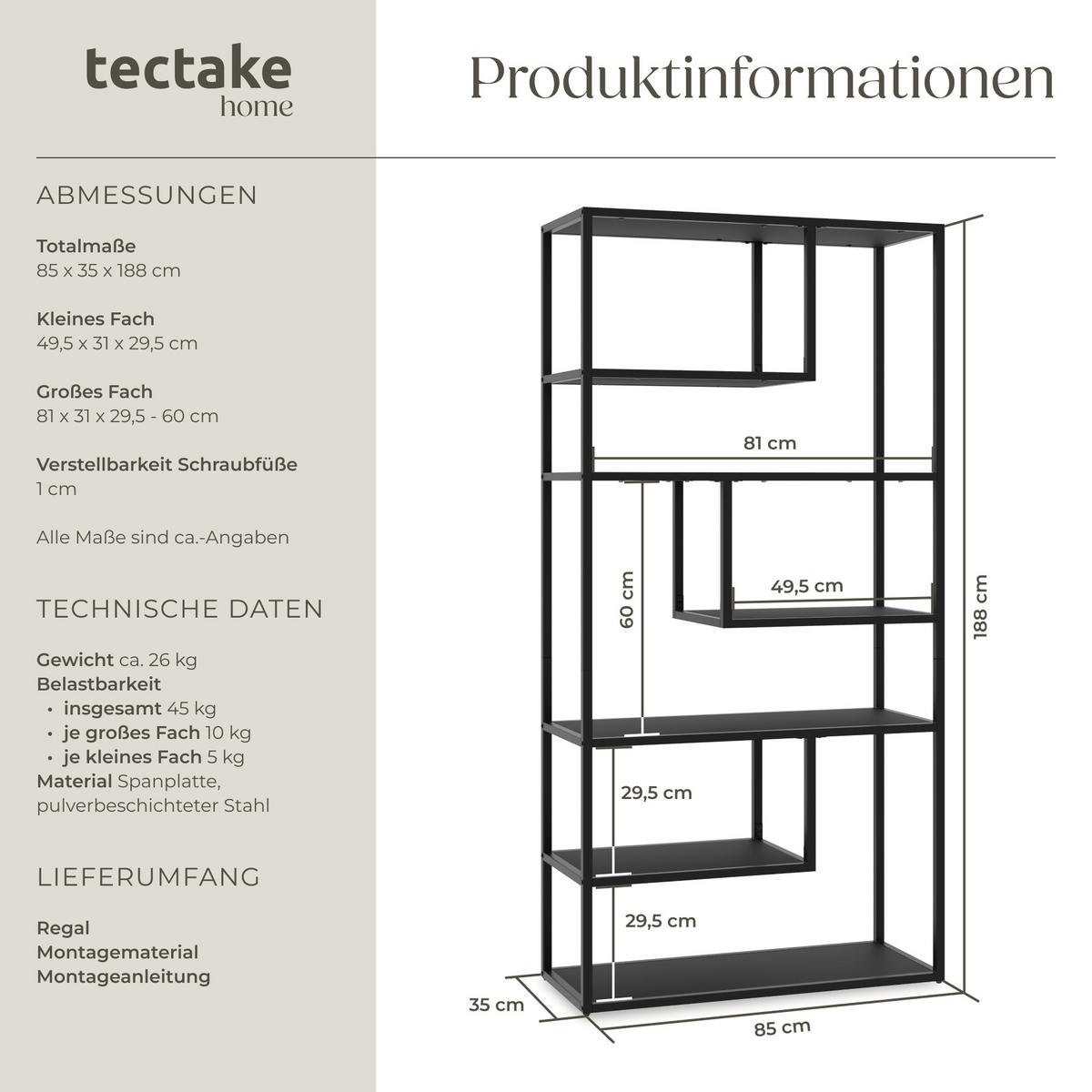 STANDREGAL Venda,inklusive Kippschutz, 85 x 35 x 188 cm ,schwarz - Schwarz, Holzwerkstoff (85/188/35cm) - tectake