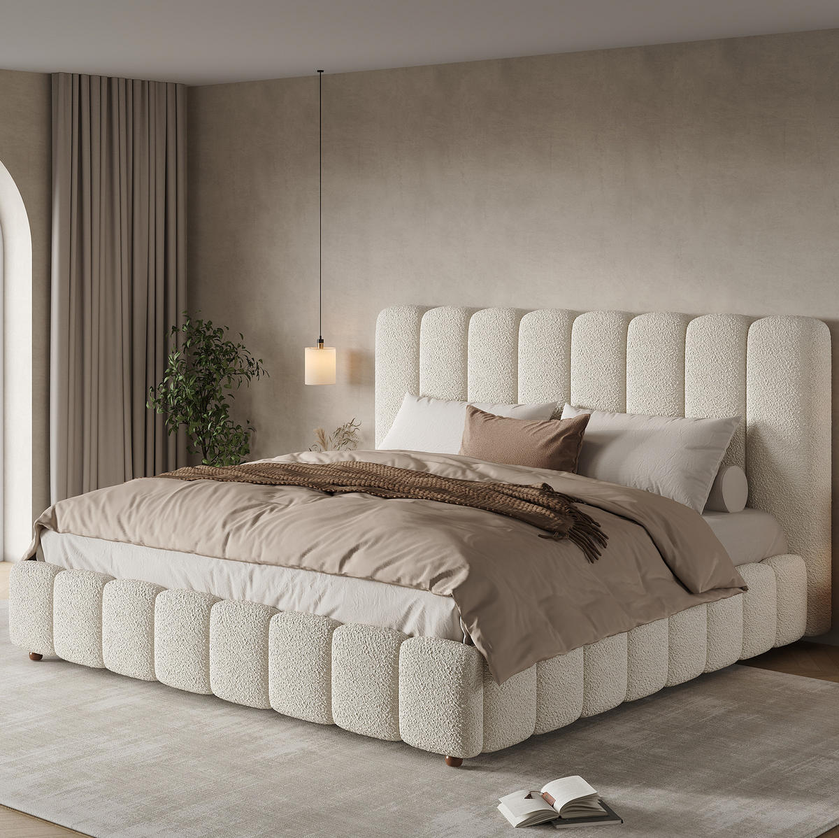 POLSTERBETT mit Bouclé-Bezug 180x200 cm Weiß mit Lattenrost und gepolstertem Kopfteil - Weiß, Textil (180/200cm) - Modfu