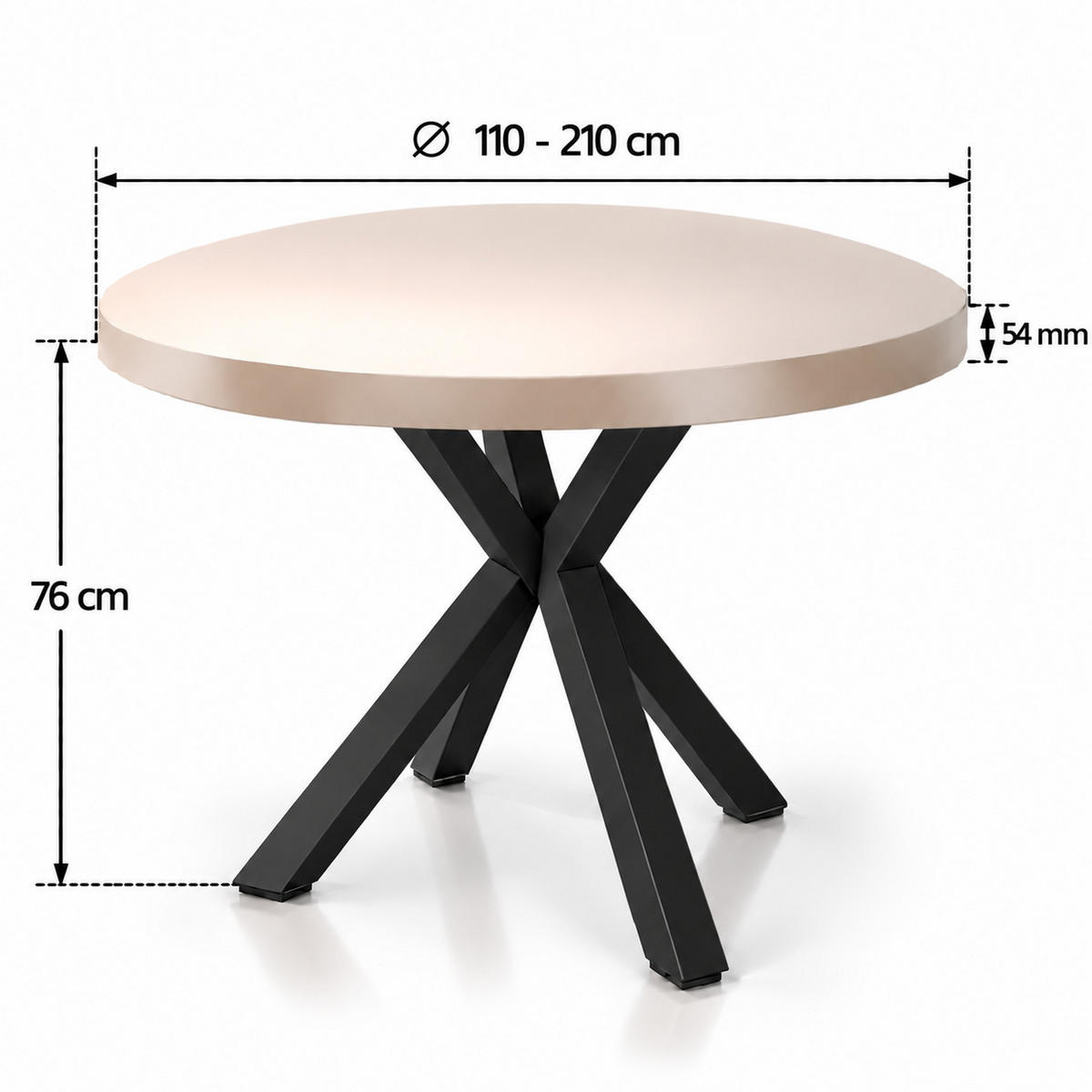 ESSTISCH rund ausziehbar 110-210/76 cm, Kaschmir, 54 cm Tischplatte + X Metallbeine Schwarz - Kaschmir/Schwarz, Holzwerkstoff/Metall (110/210/76cm) - Damale Möbel