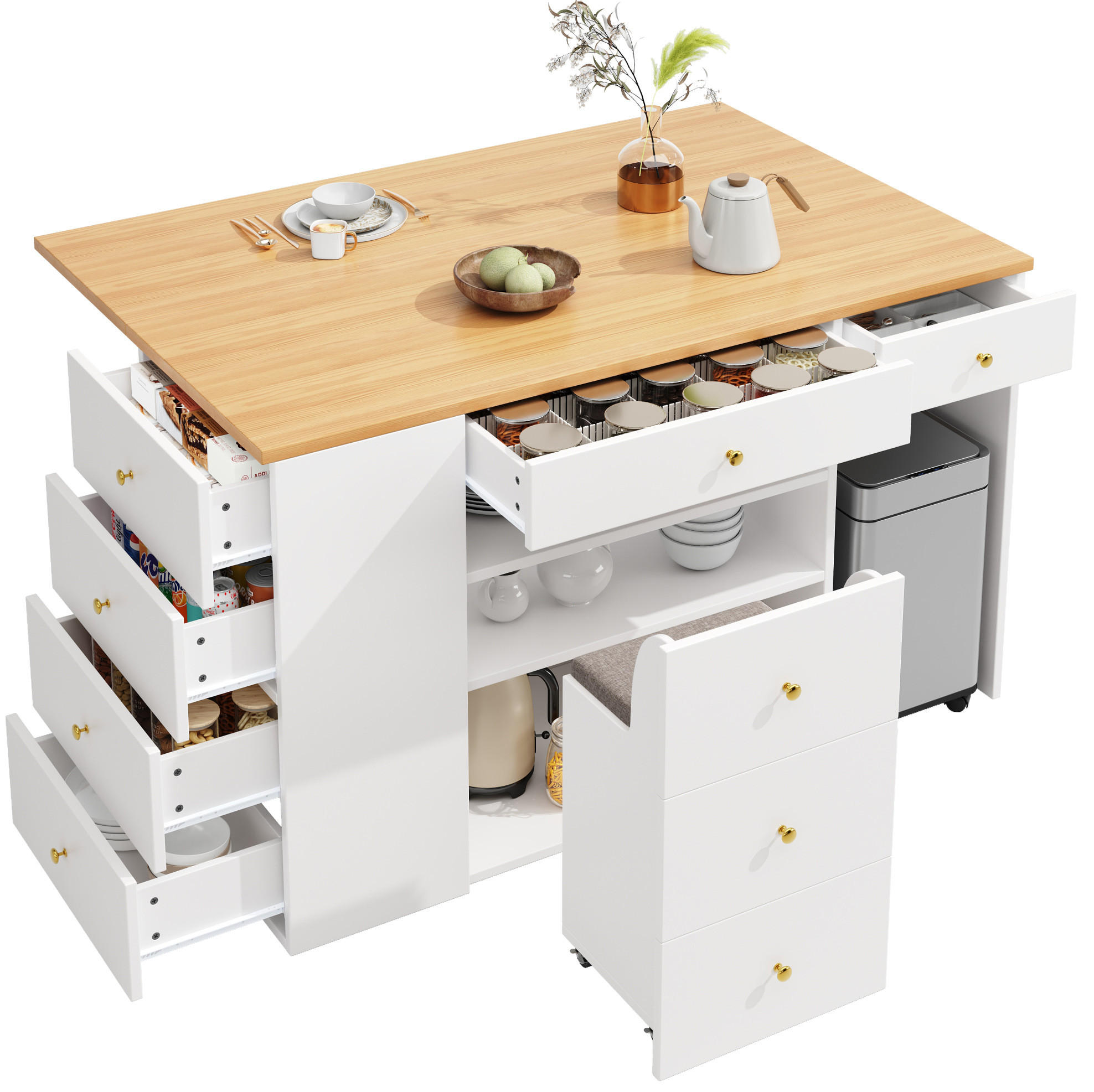 KÜCHENINSEL aus MDF mit Stauraum & Hocker, 140/40(70)/89 cm, Weiß - Weiß, Holzwerkstoff (40/89/140cm) - Redom
