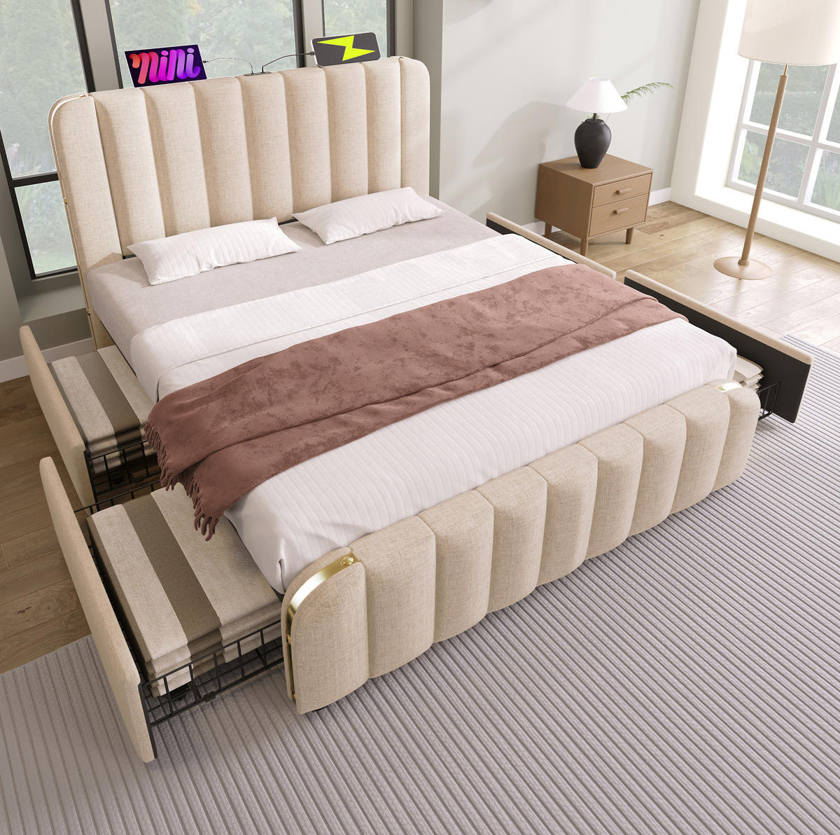 POLSTERBETT aus Leinen 160x200 cm in Beige mit USB- & Matratze - Beige, Textil (160/200cm) - Modfu