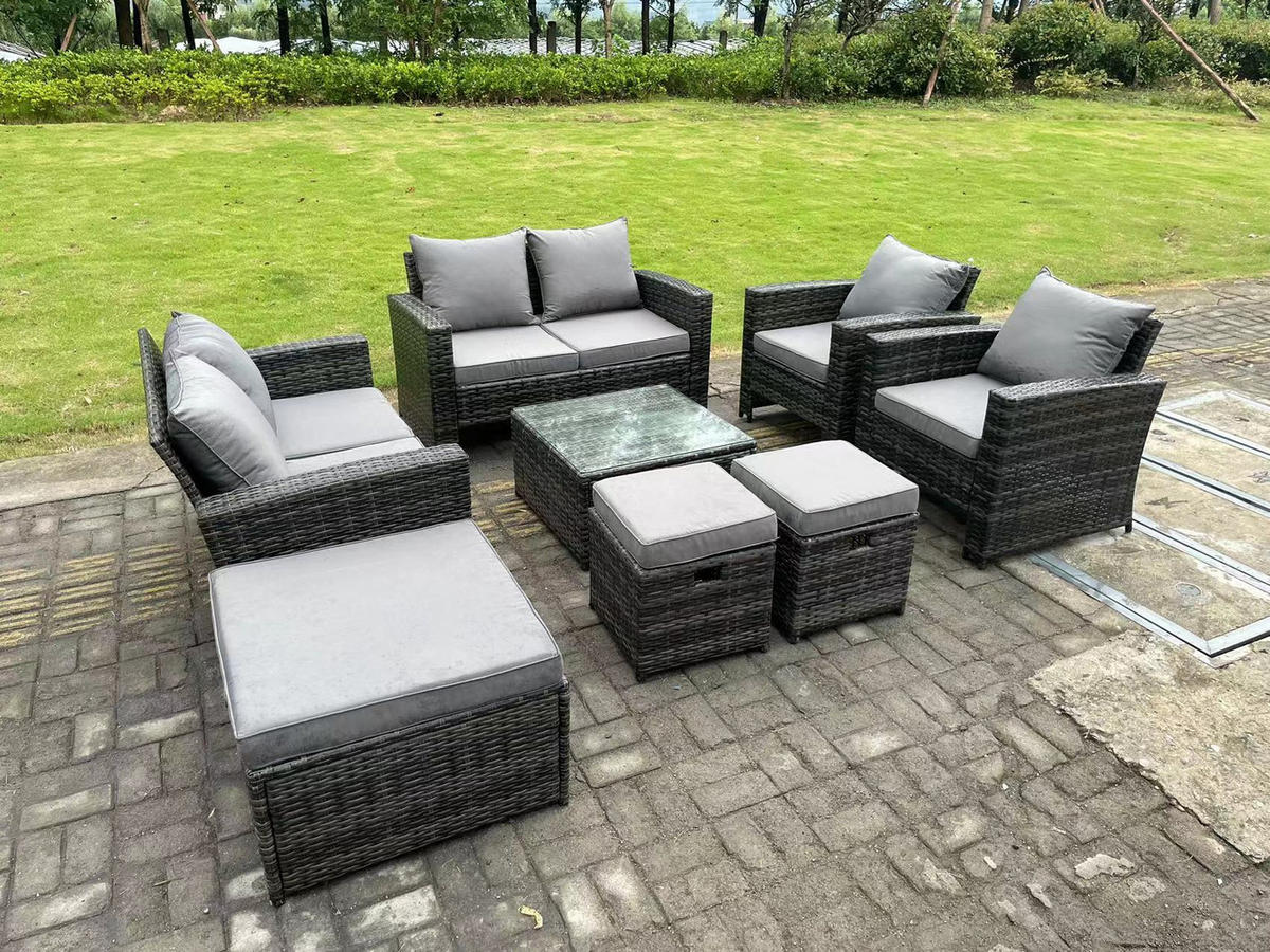 GARTENMÖBEL-SET Polyrattan Dunkelgrau 9-Sitzer - Dunkelgrau, Metall - Fimous