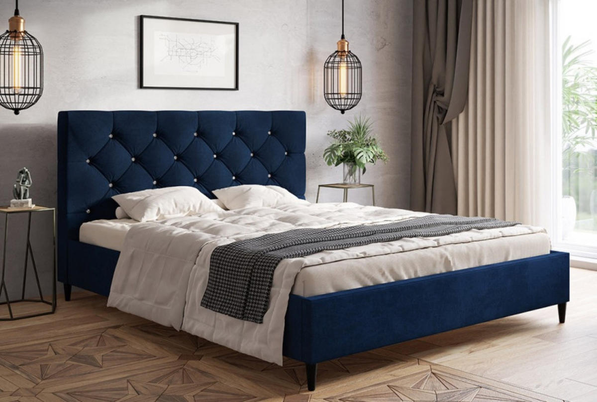 BETT Blau LUXO 6 Gepolsterter Kopfteil Mit Knöpfen Samt 180x200 cm - Blau/Schwarz, Textil (180/200cm) - Sepro Meble