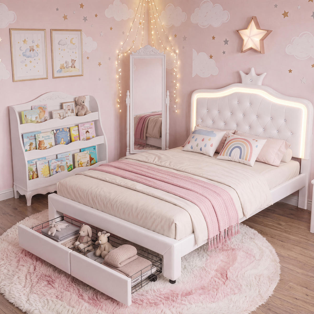 POLSTERBETT 140/200 cm mit LED und Schublade,Kinderbett Kunstleder, Weiß - Weiß, Holz/Metall (140/200cm) - PARAFTA HOME