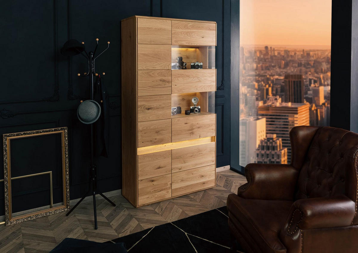 VITRINE Wildeiche inkl. LED 103x43,5x207 natur geölt CARDIFF #110 - Braun, Holz (103/207/44cm) - Massivmoebel24