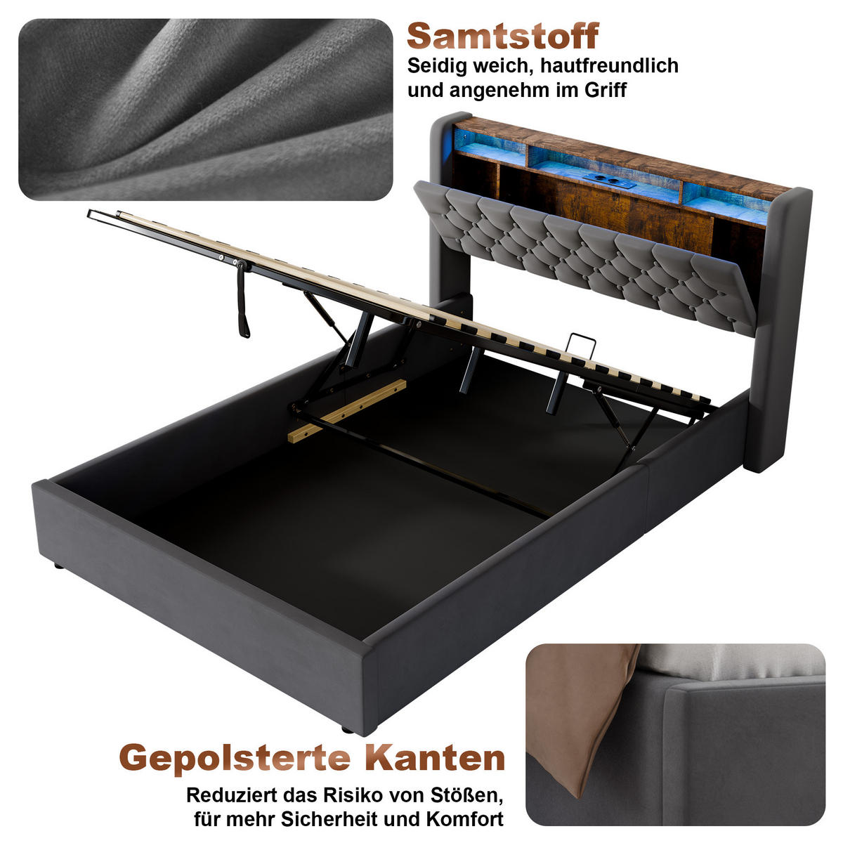 POLSTERBETT aus Samt 140x200 cm Grau mit LED-Beleuchtung & USB-Anschlüsse mit hydraulischem Stauraum - Grau, Textil (140/200cm) - Modfu